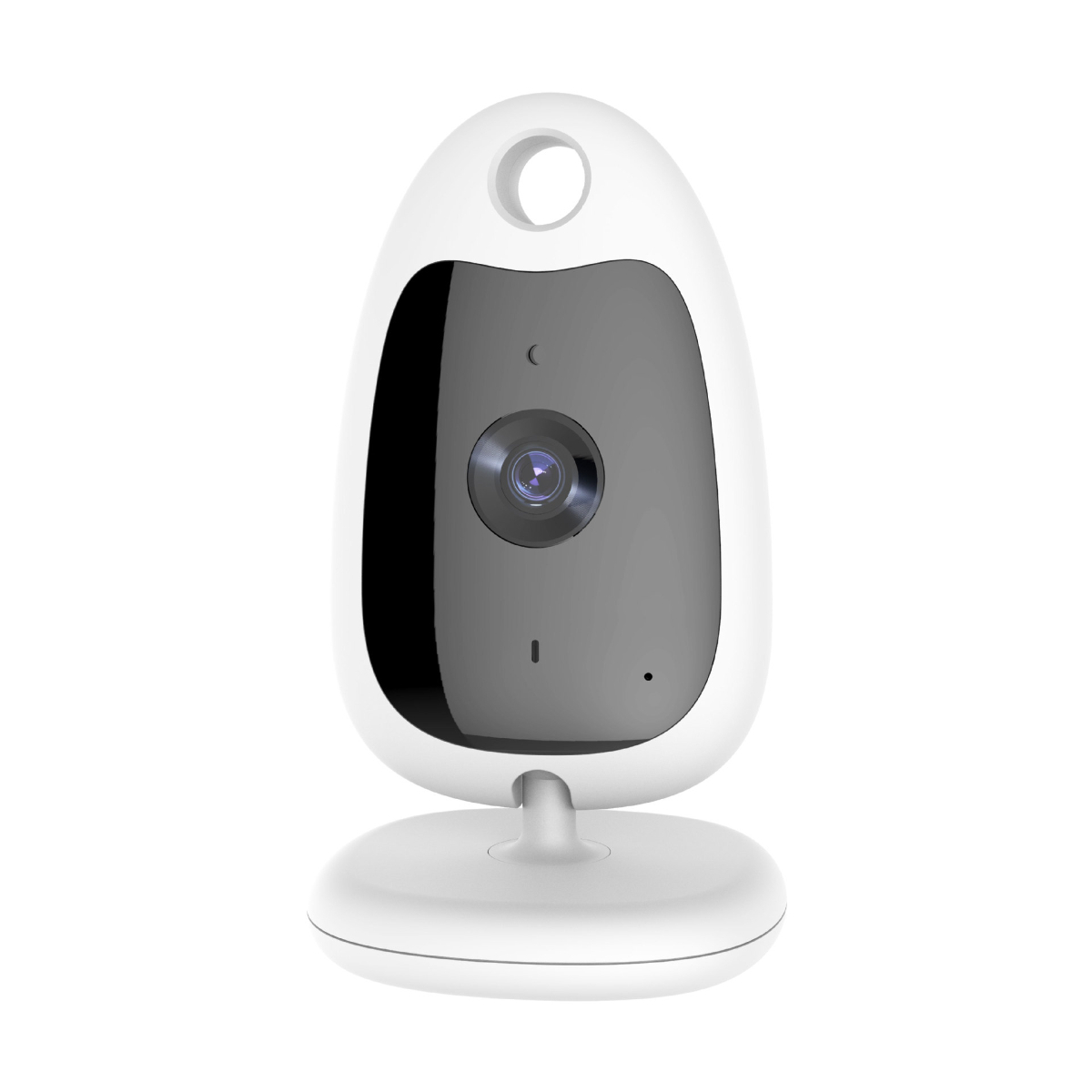 Weißer Babyphone mit schwarzer Linse, Lautsprecher und Ständer.