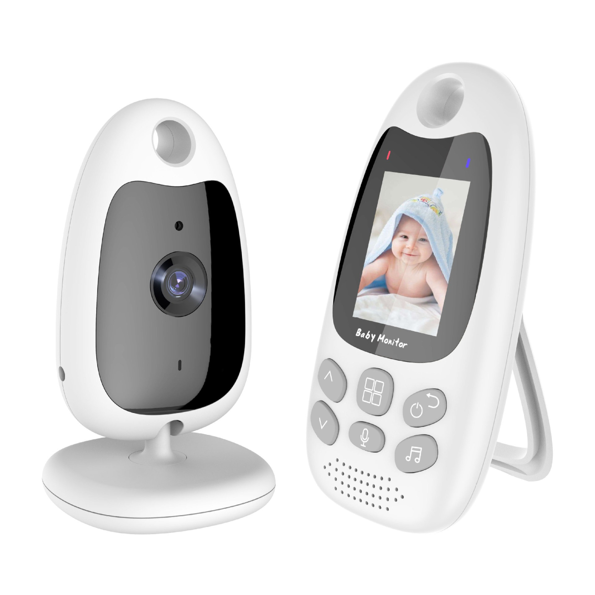 Ein Babyphone-Set mit einer Kamera und einer Anzeigeeinheit, die ein Baby zeigt.