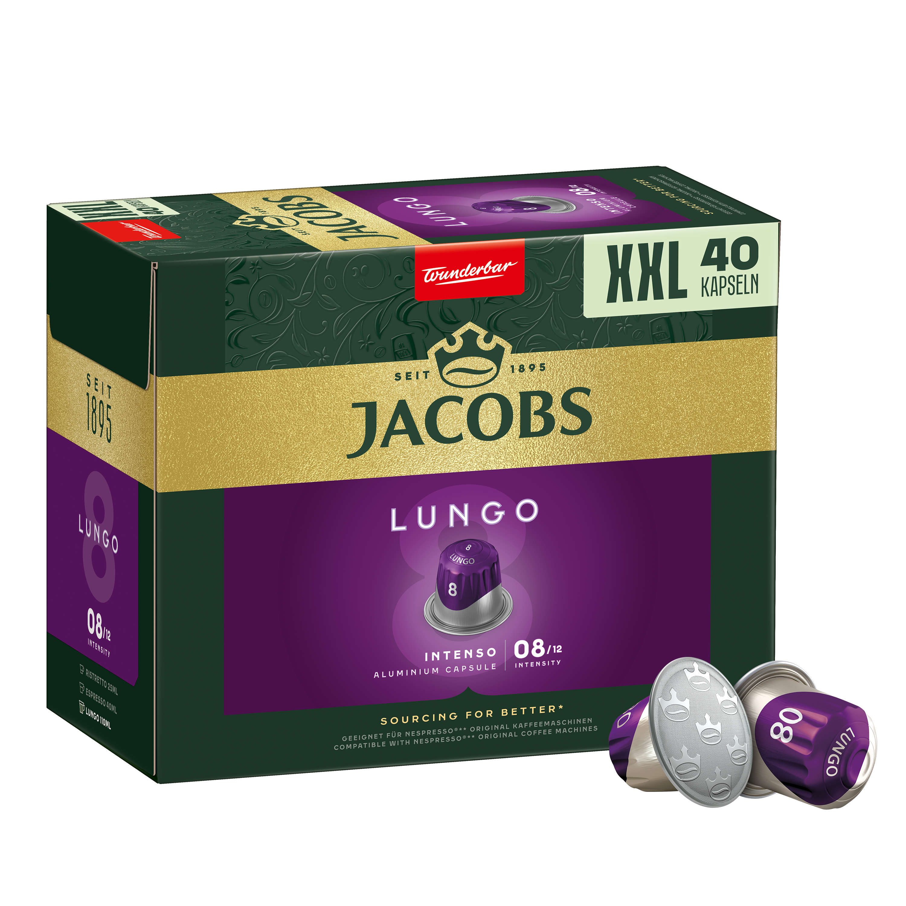 Jacobs Lungo Kaffeekapseln Box, grüne und lila Farben, Text.