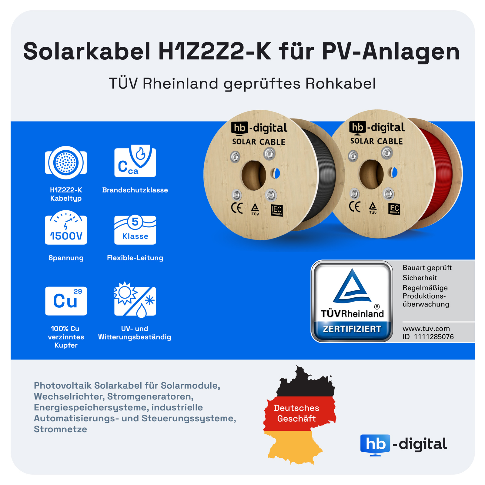 Bild mit Solarkabeln und technischen Informationen. Zwei Kabelrollen und eine deutsche Flagge sind zu sehen.