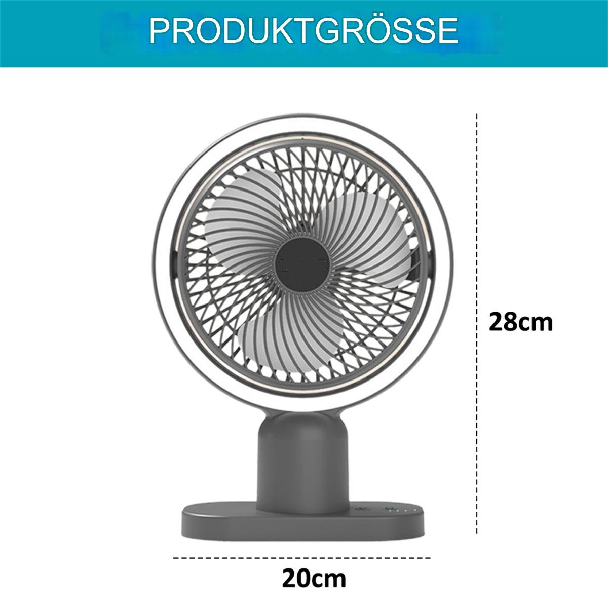 Ein grauer Ventilator mit rundem Design und Maßangaben von 20 cm und 28 cm.