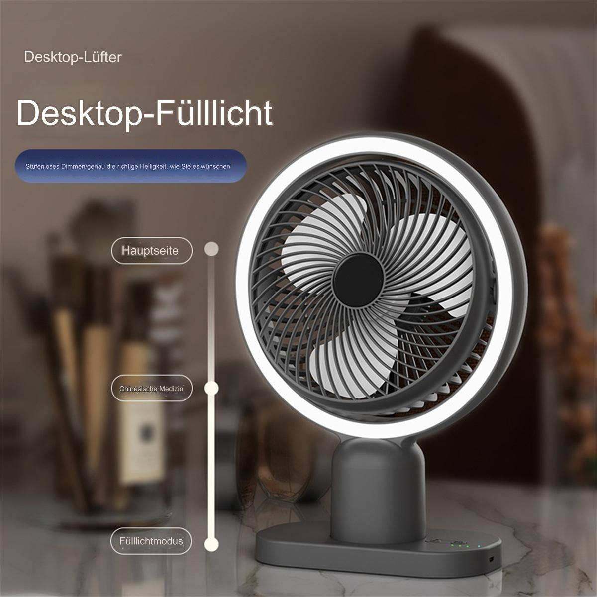 Ein Tischventilator mit kreisförmigem Licht, Lüfterflügeln und Bedienfeld.