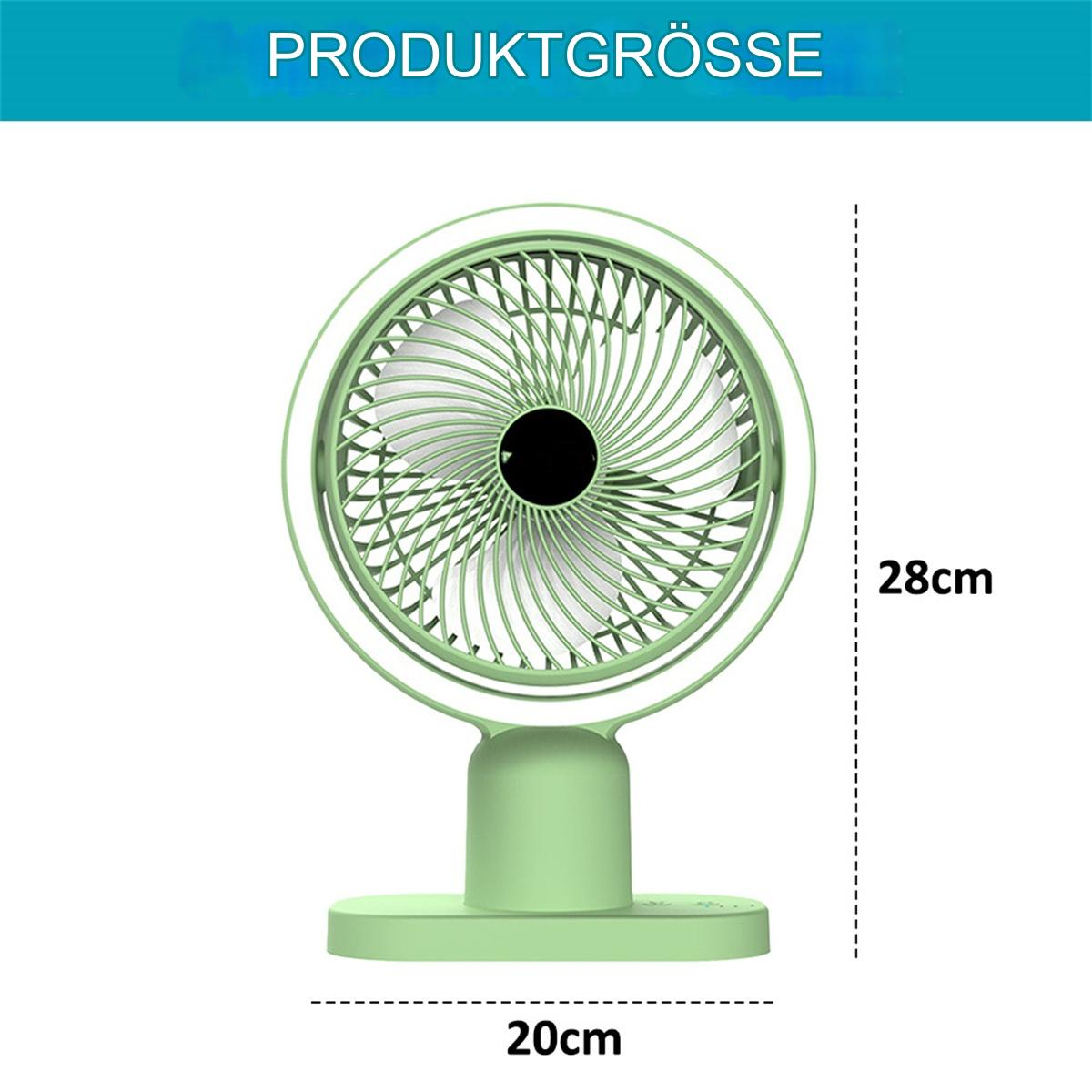 Grüner Schreibtischventilator mit Abmessungen. Der Ventilator hat eine runde Form und einen Sockel.