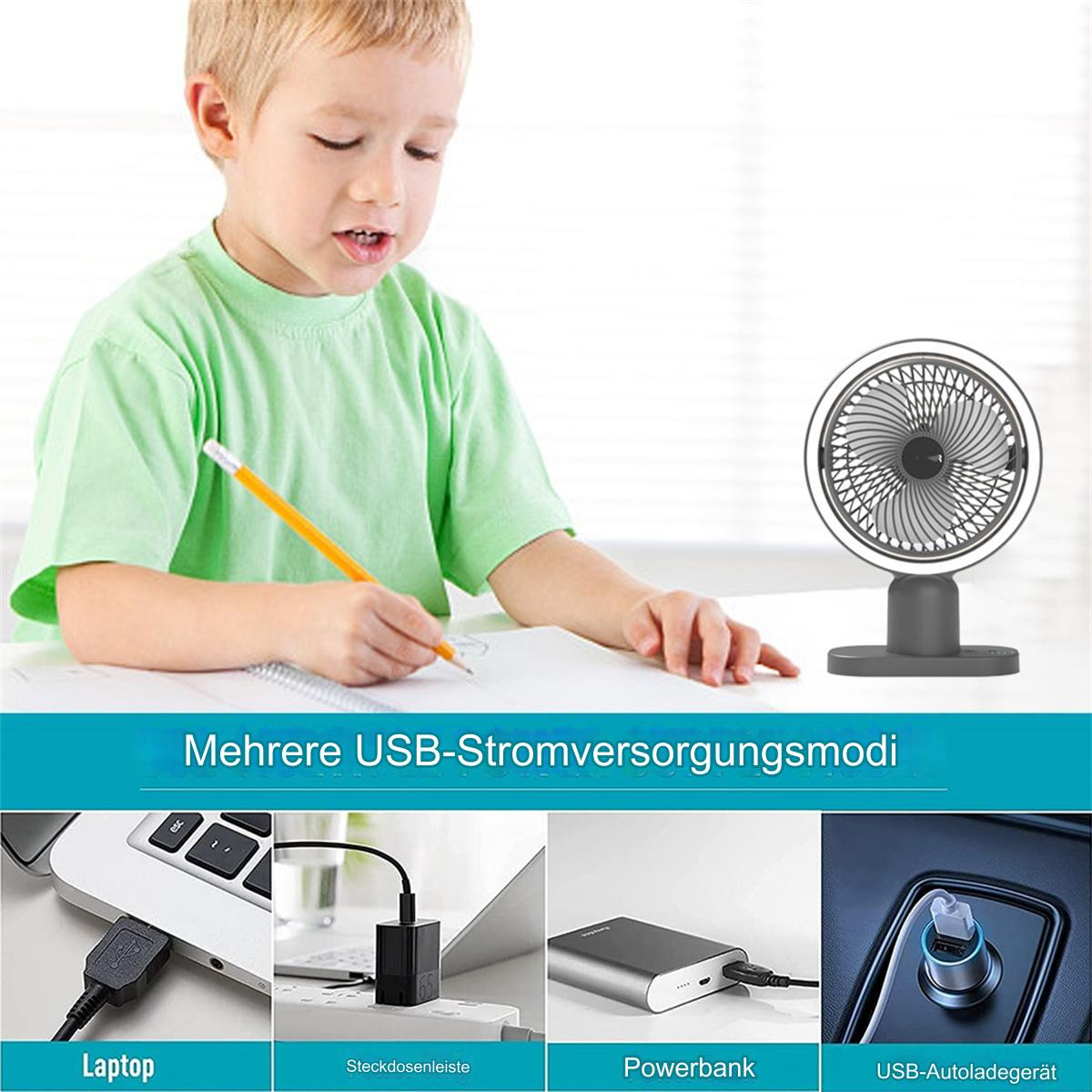 Ein Junge zeichnet mit einem Bleistift, ein kleiner Ventilator und verschiedene USB-Stromoptionen.