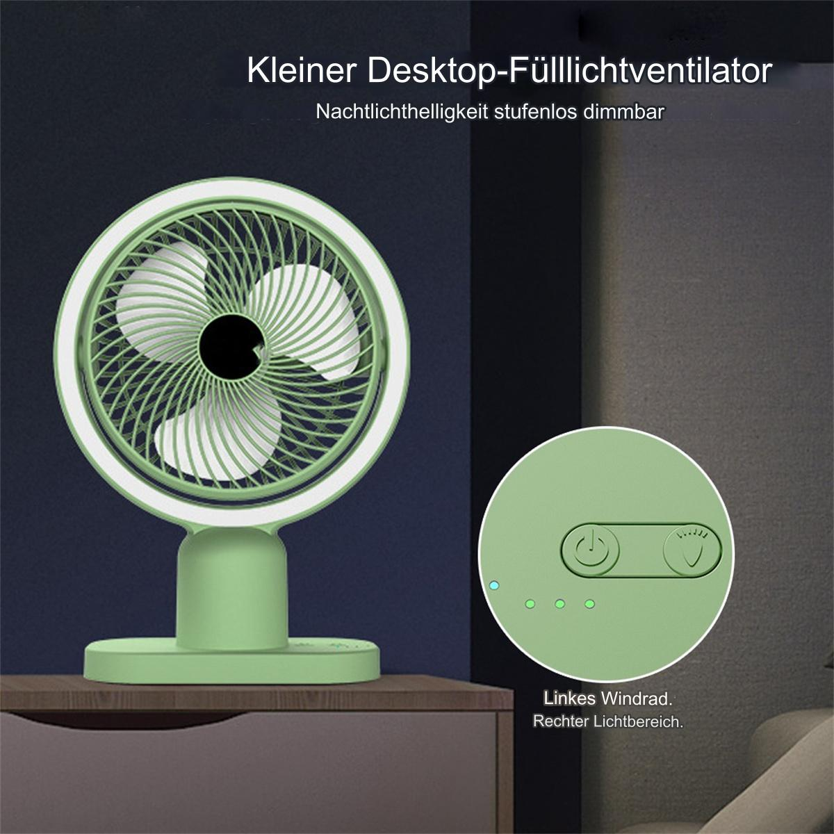 Ein kleiner grüner Desktop-Ventilator mit weißem Lichtring und Bedientasten.
