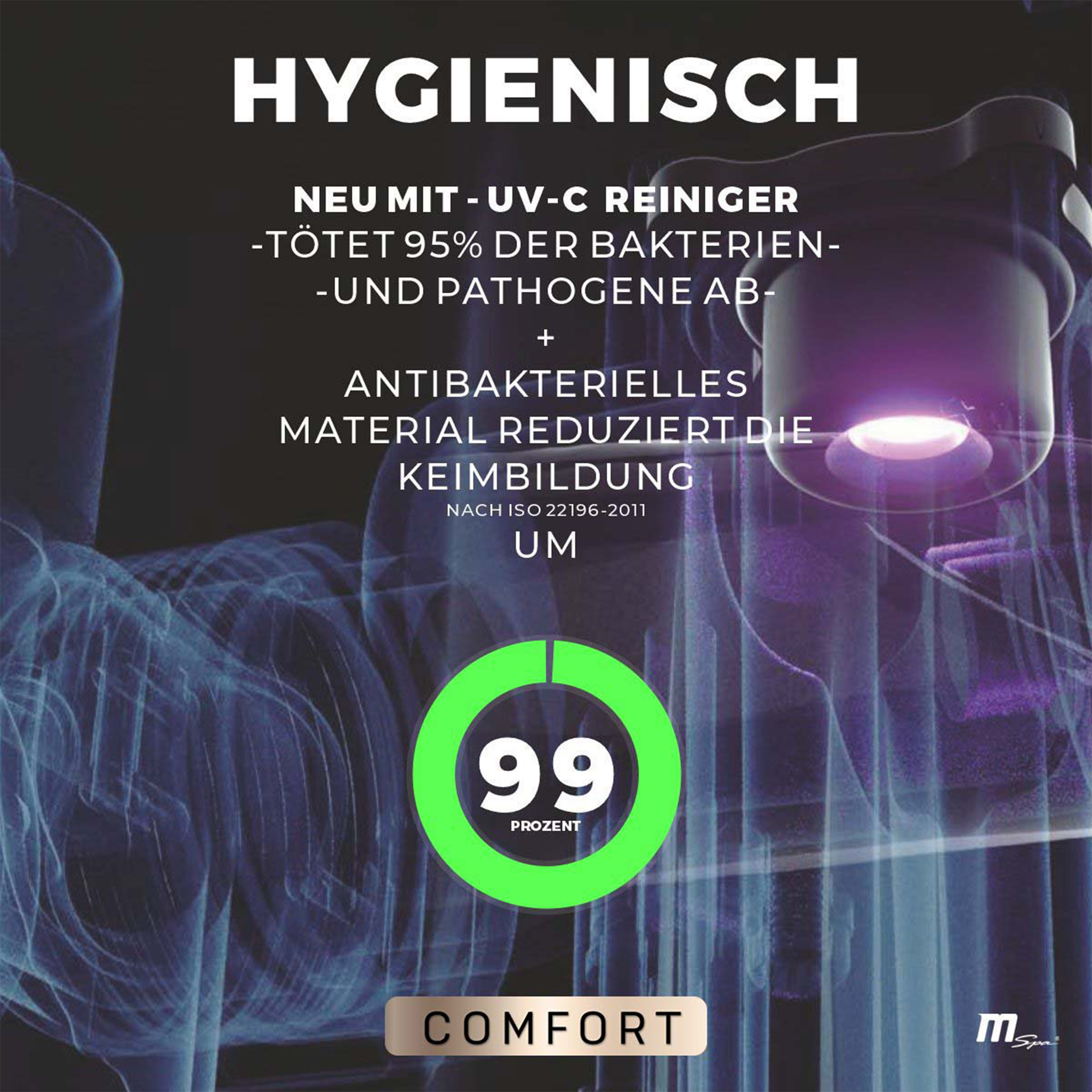 Werbung mit Text über Hygiene, Bakterien und eine 99%ige Reduzierung.