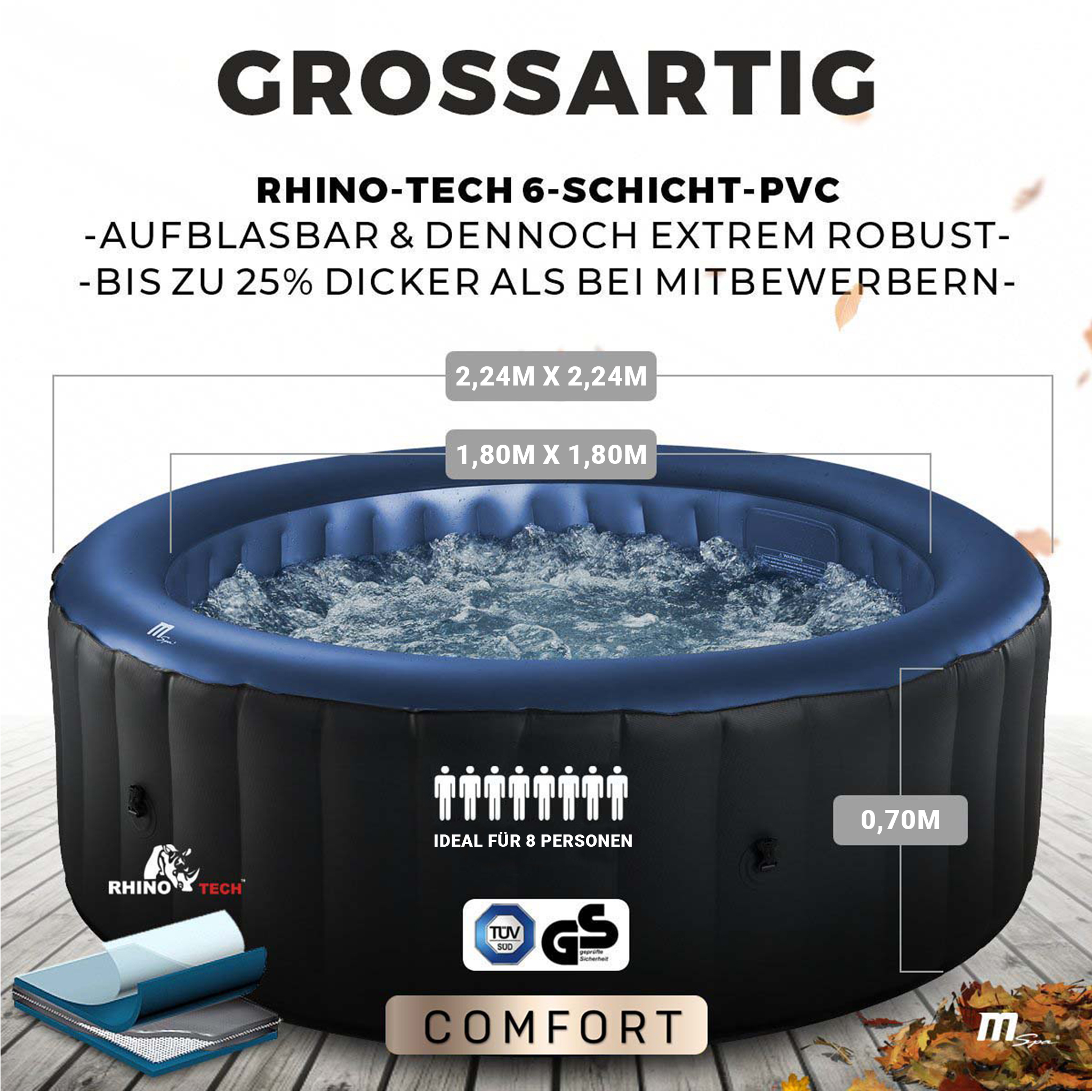 Blauer und schwarzer aufblasbarer Whirlpool mit Abmessungen und Text.