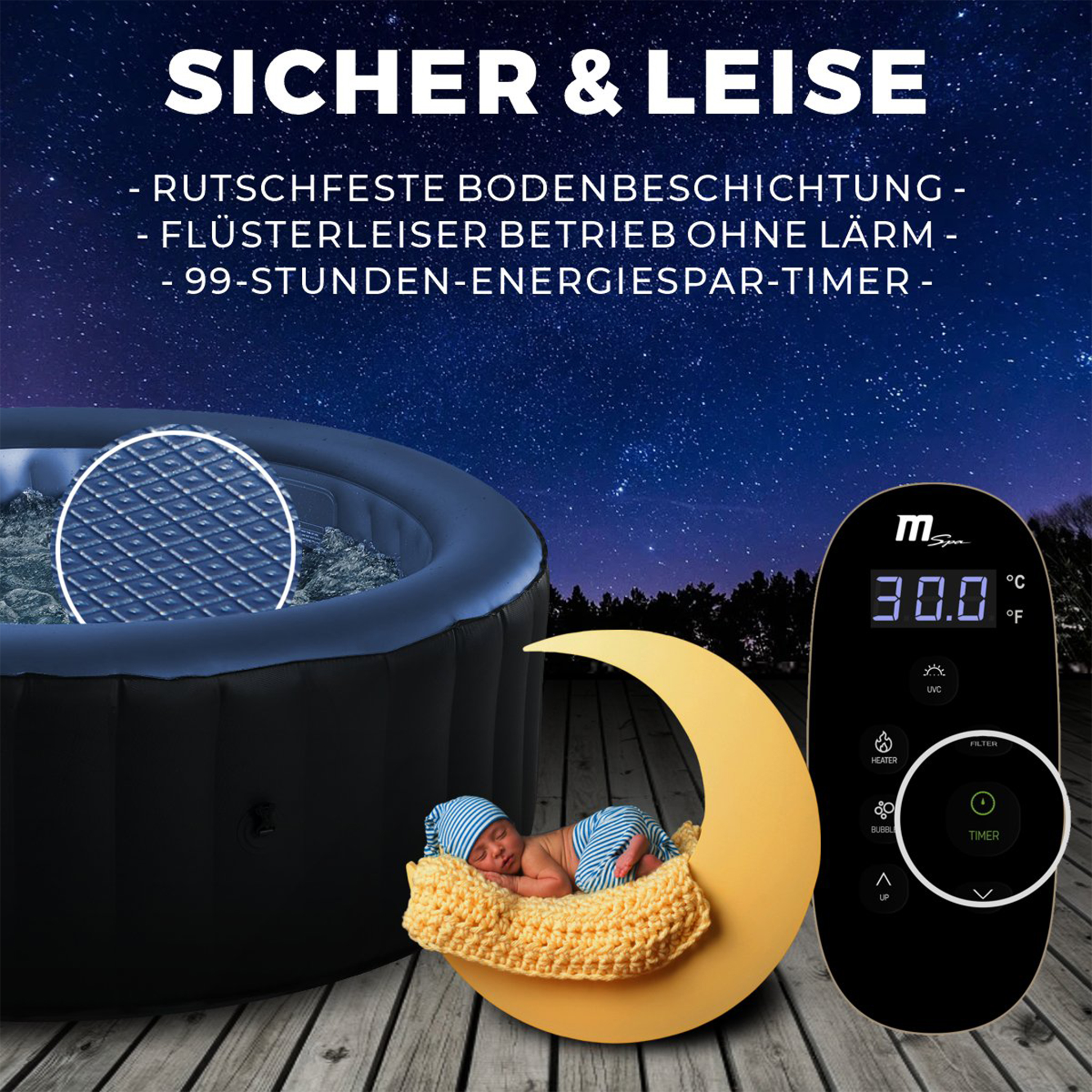 Ein Whirlpool mit Bedienfeld und ein Baby in einer gestrickten Wiege auf einem Holzdeck unter Sternenhimmel.