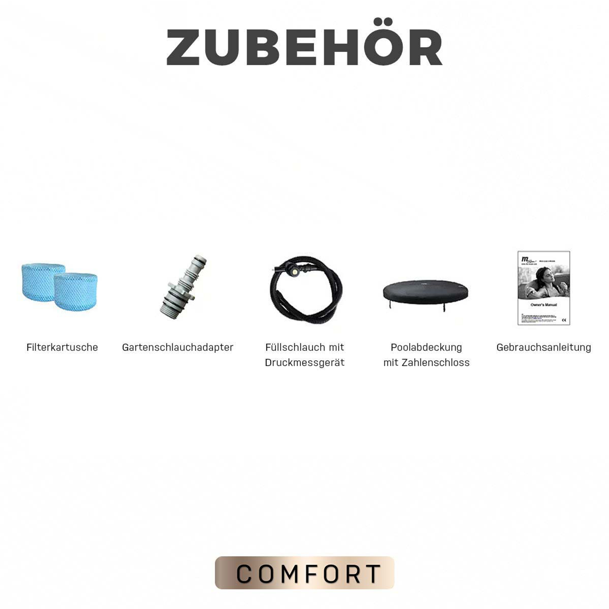 Verschiedenes Poolzubehör, einschließlich Filter und Abdeckung.
