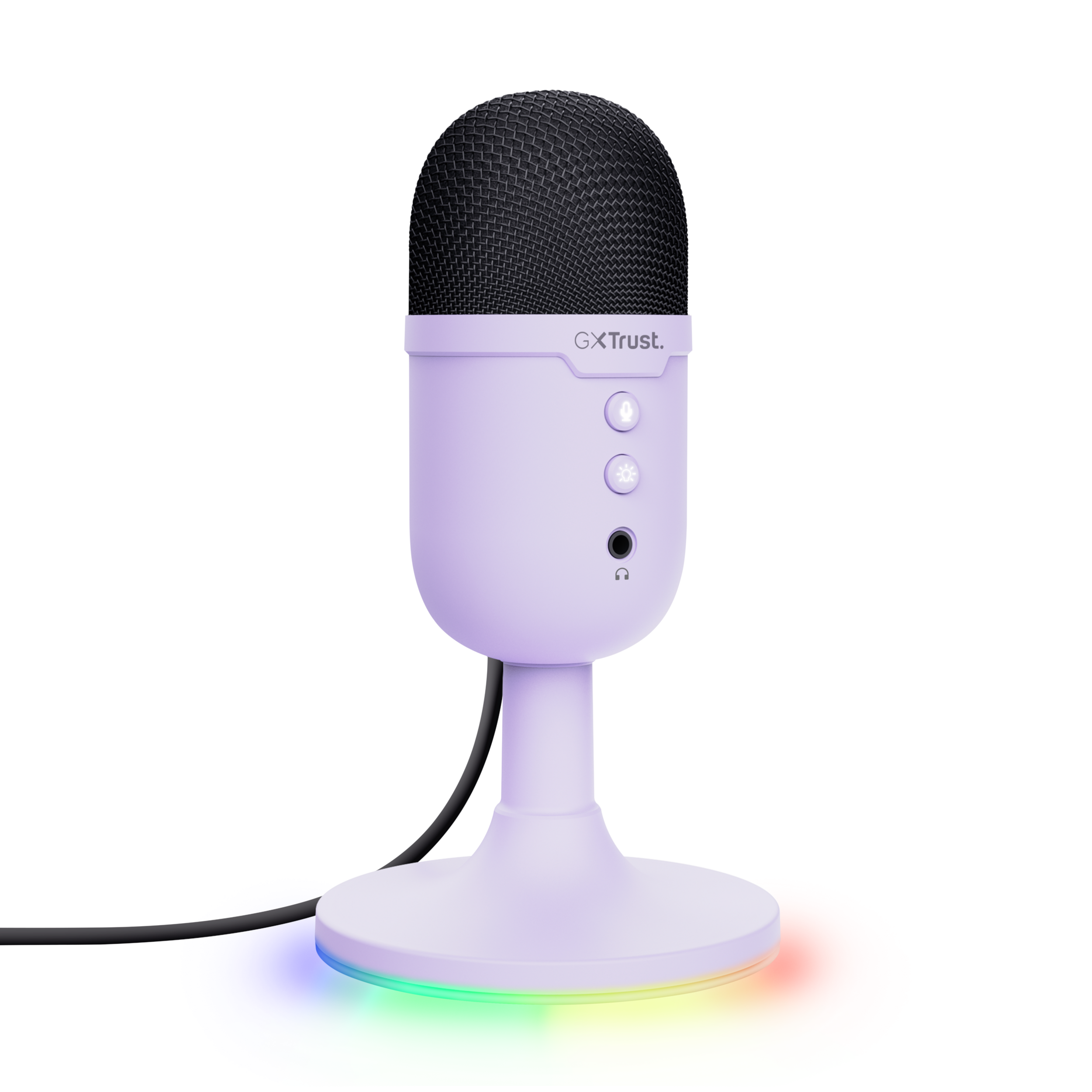 Un microfono viola con una testa a rete nera e una base colorata.