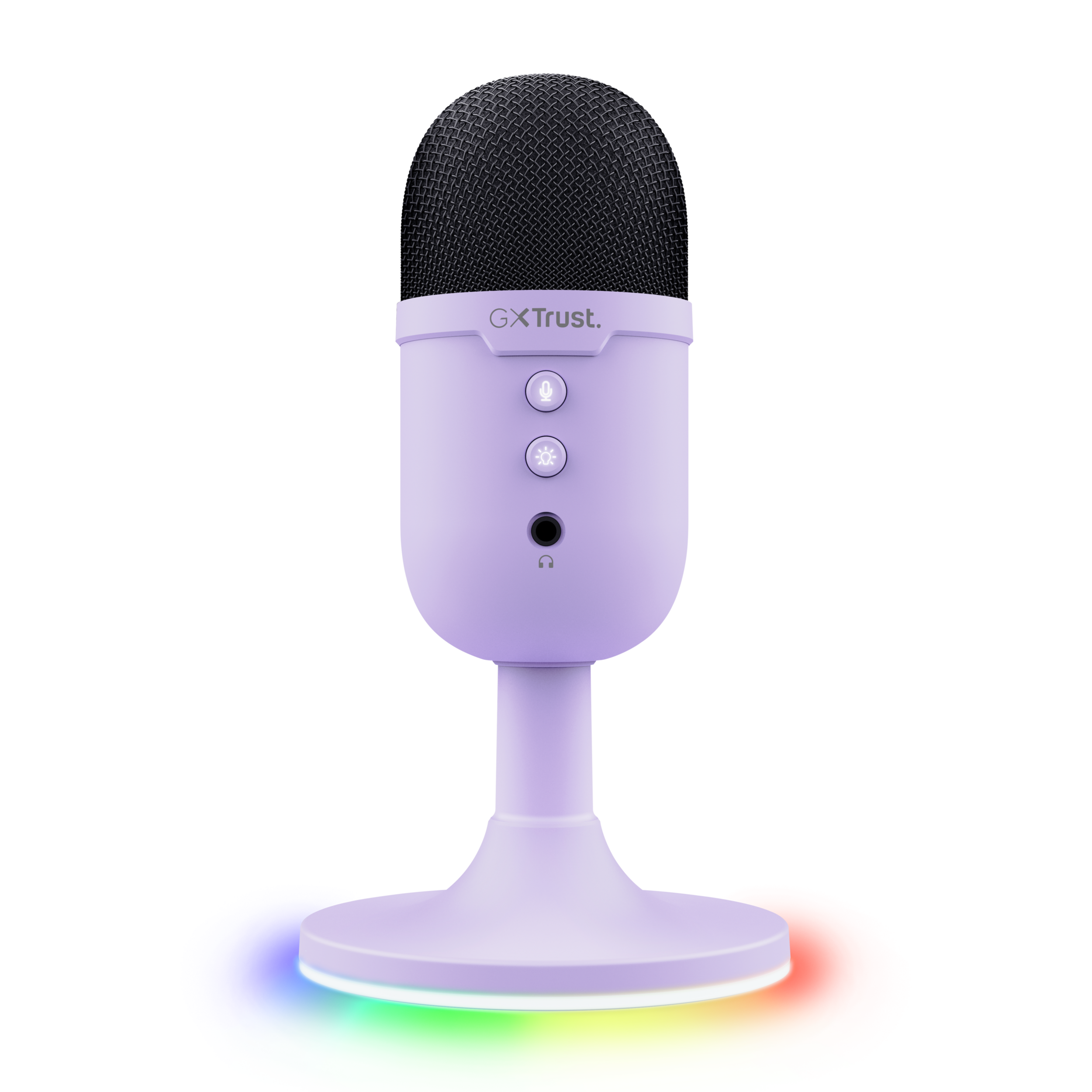 Microfono viola con supporto e illuminazione di base colorata.