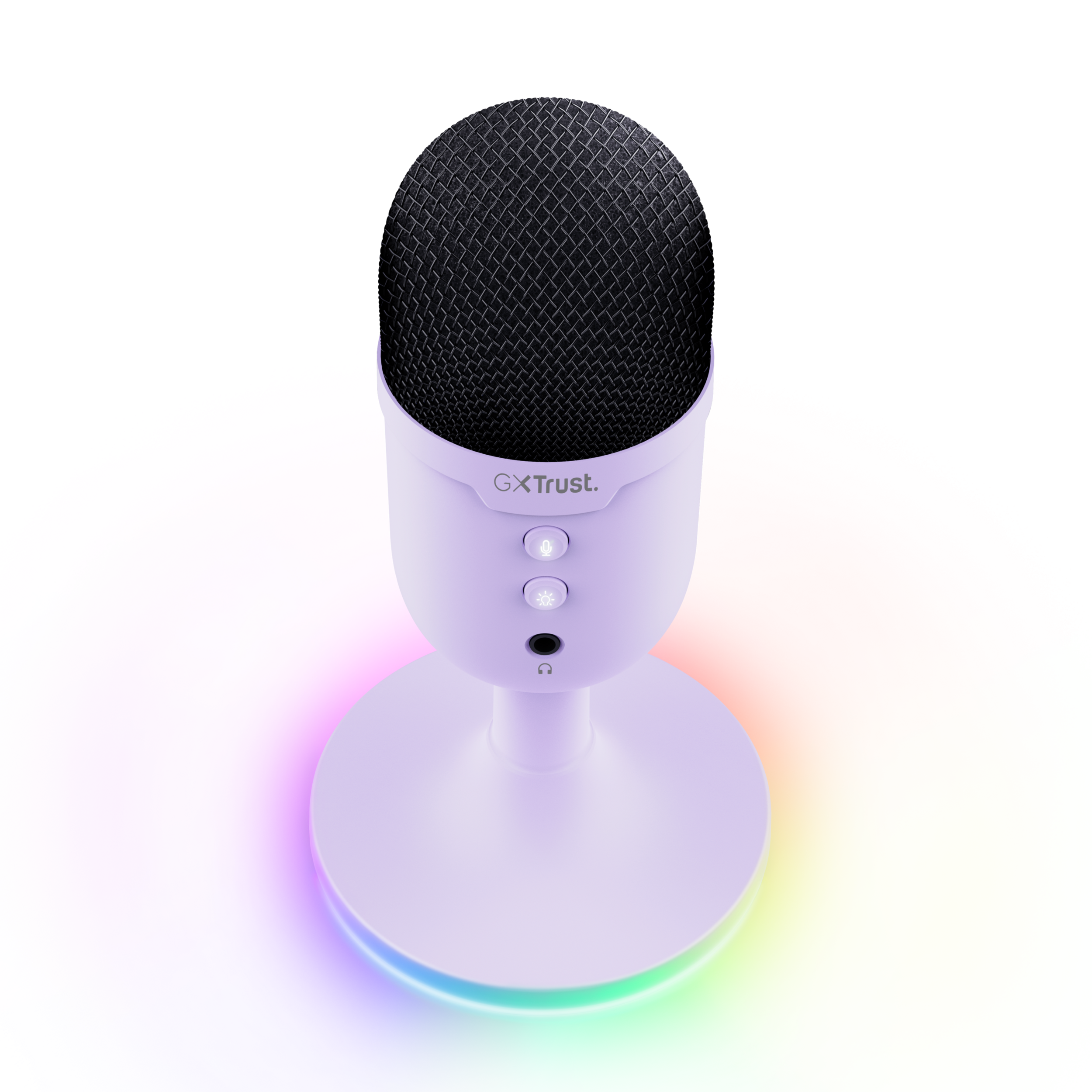 Microfono bianco e nero su supporto, con base illuminata multicolore.