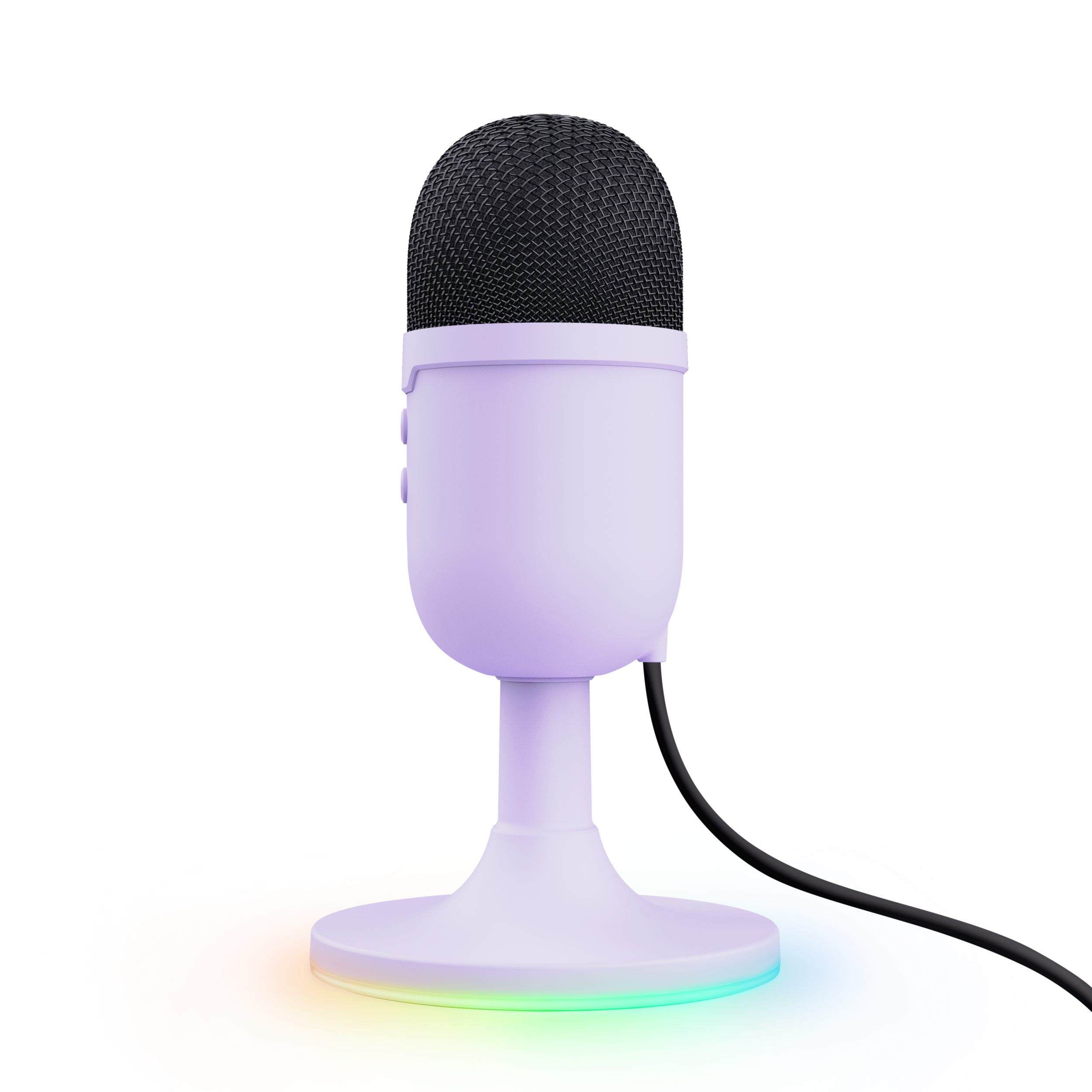 Un microfono bianco e viola con una testa a rete nera. La base è illuminata con colori arcobaleno.