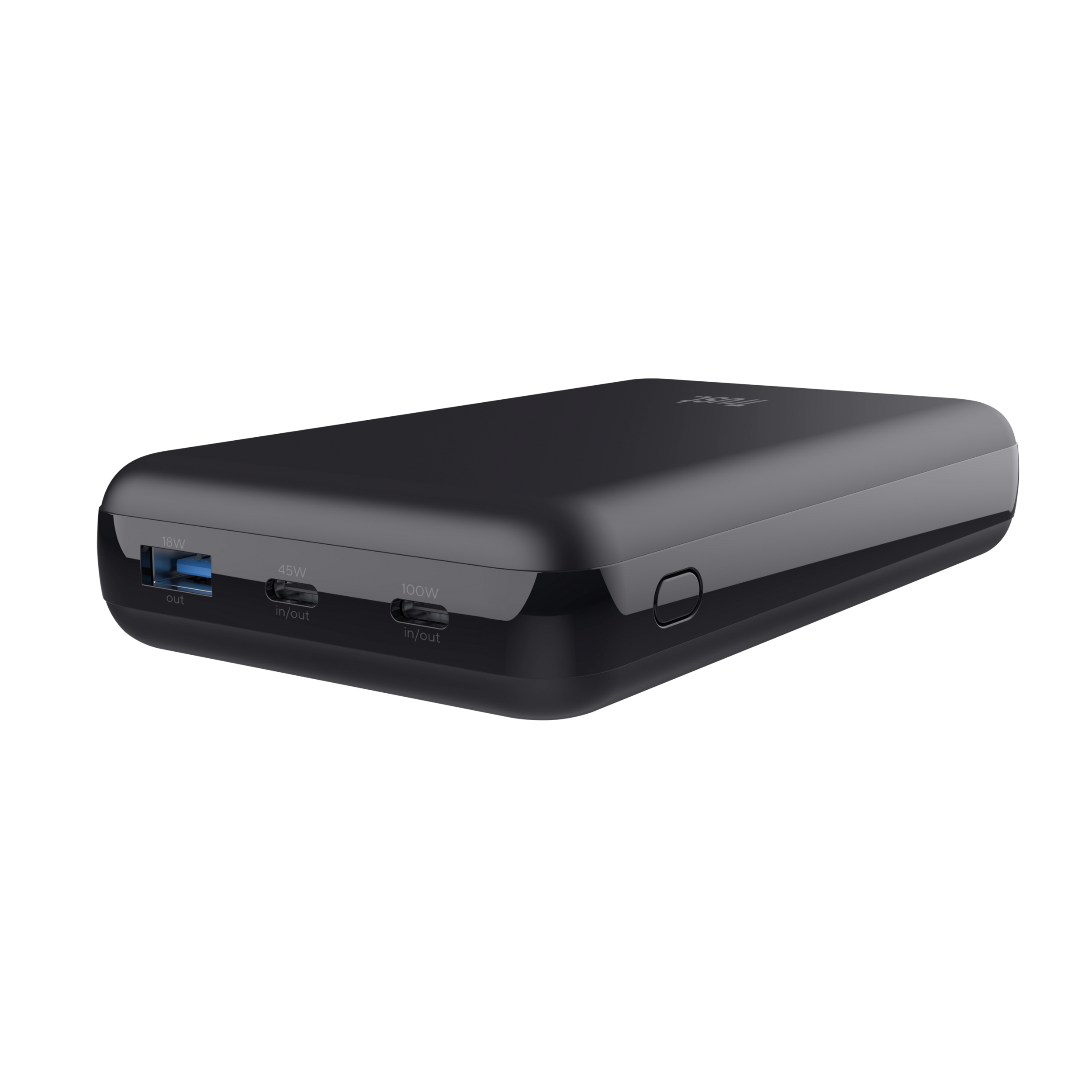 Zwarte powerbank met USB- en USB-C-poorten, zwart en grijs design.