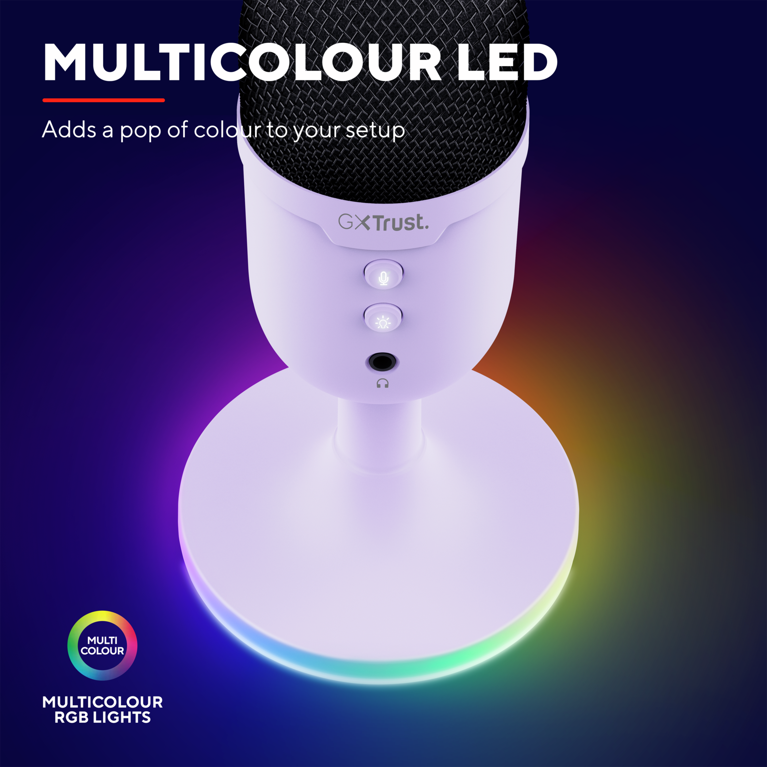 Microfono bianco con luci colorate alla base, testo 'Multi Colour LED'.