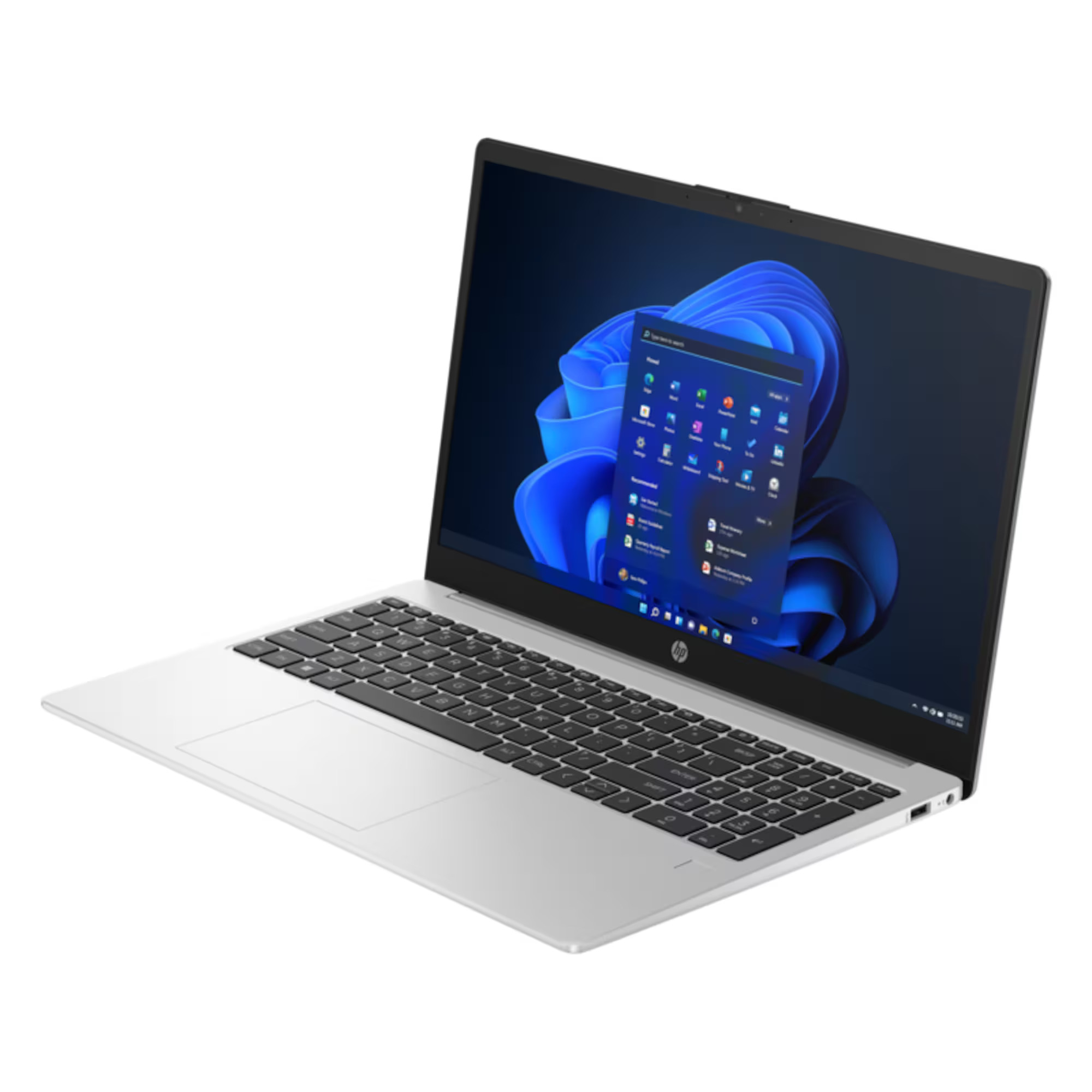 Silberner Laptop auf weißem Grund, Bildschirm zeigt Windows 11 mit Anwendungen.