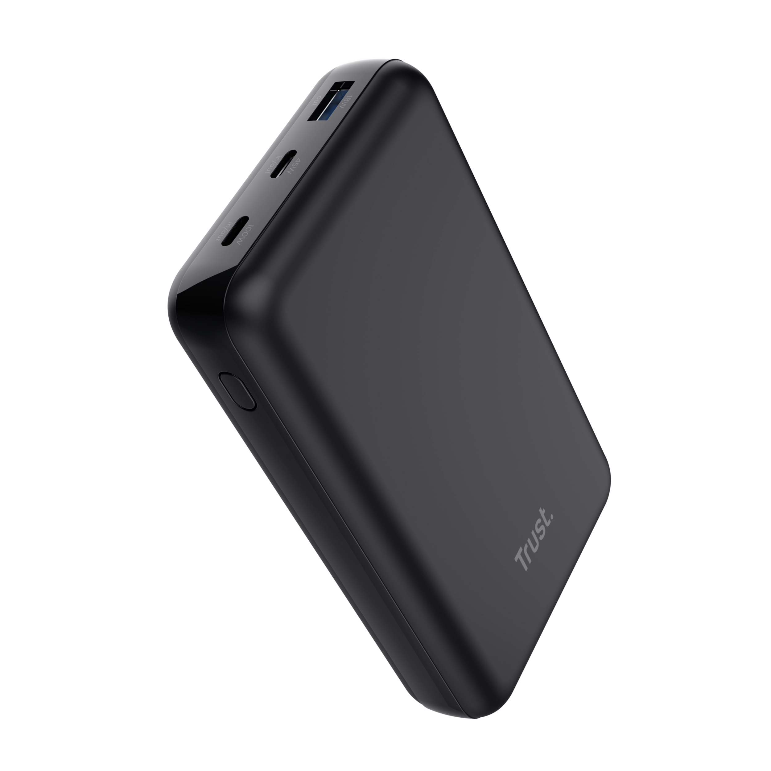 Een zwarte powerbank met een USB-C poort en andere poorten. De merknaam 'Trust' is zichtbaar.