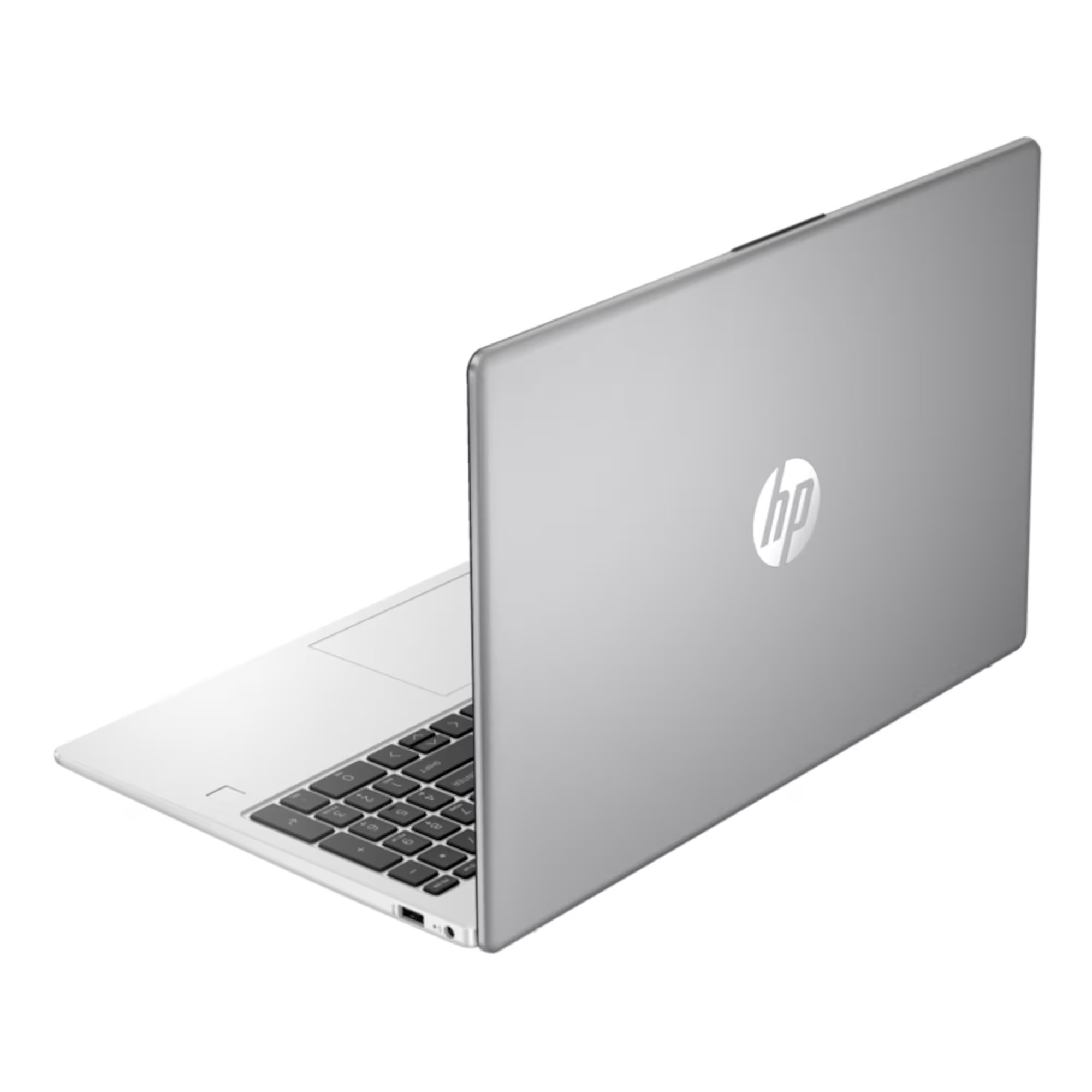 Silberner Laptop, HP-Logo, Rückansicht, weißer Hintergrund.