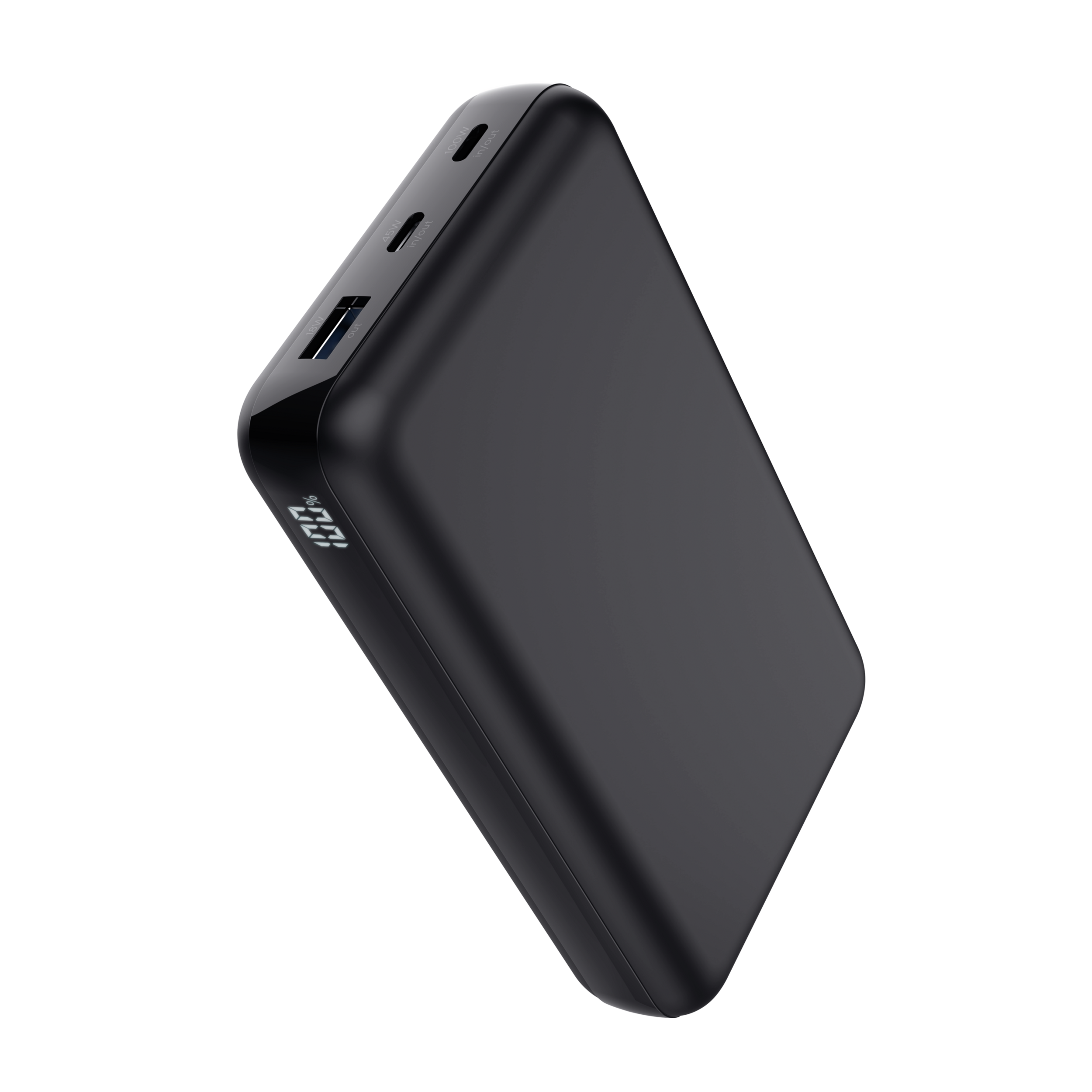 Een zwarte powerbank. Er zijn twee USB-poorten en een display met het batterijpercentage.