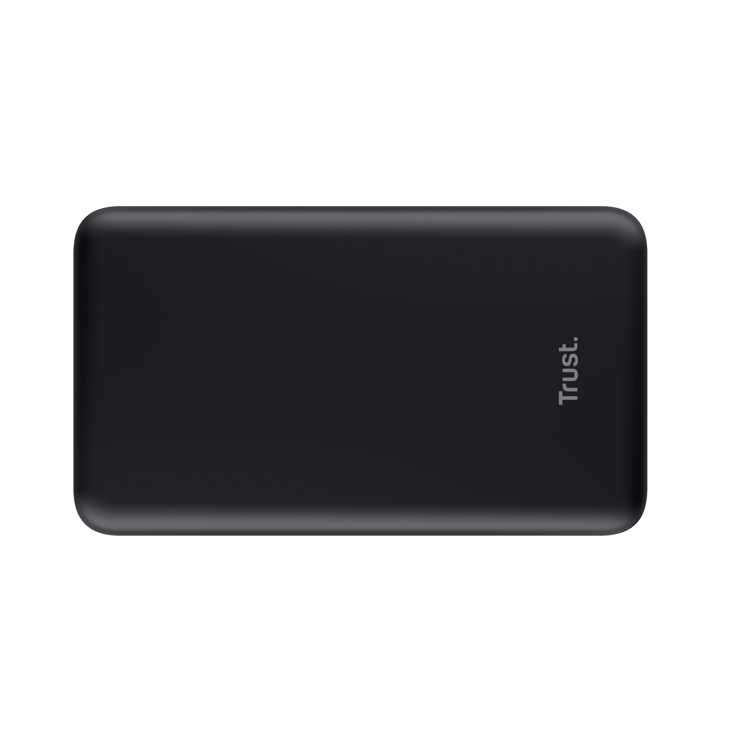 Een zwarte rechthoekige powerbank, met een Trust-logo. Het oppervlak is glad en mat. Zwarte achtergrond.