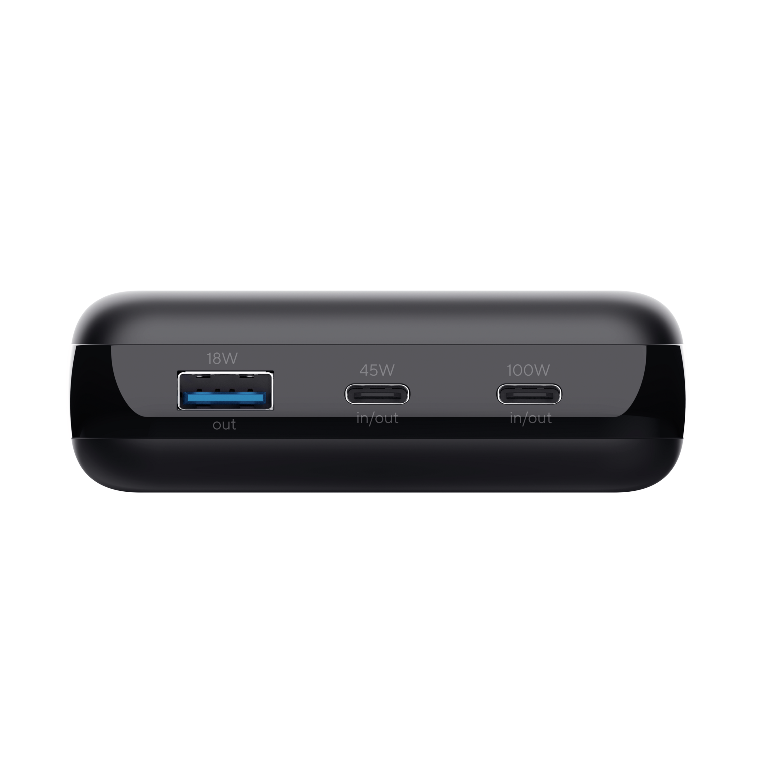 Een zwarte powerbank met drie poorten met het label '18W out', '45W in/out' en '100W in/out'.