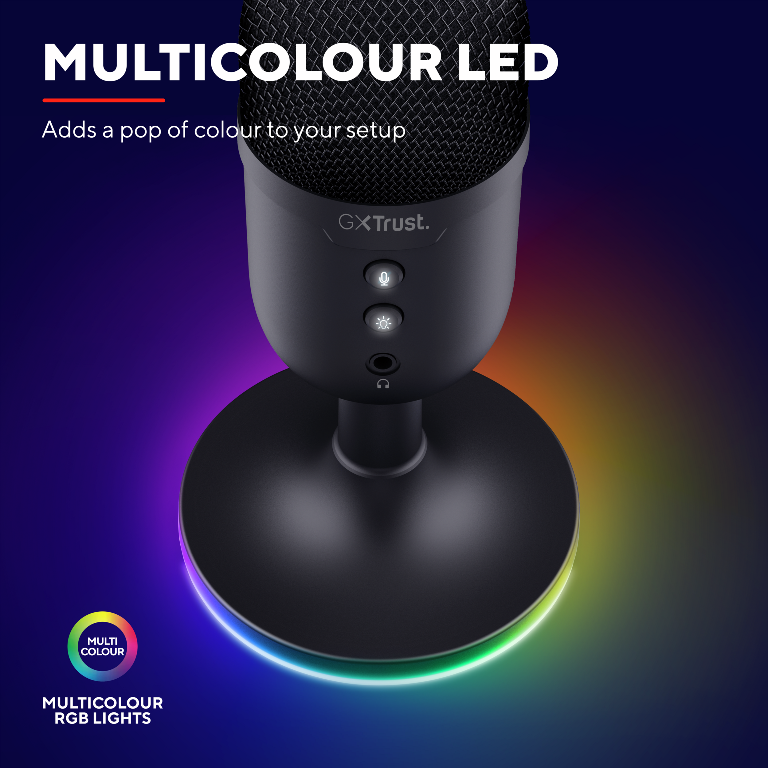 Schwarzes Mikrofon mit mehrfarbigem LED-Sockel. Text sagt, mehrfarbige LED- und RGB-Beleuchtung für das Setup.