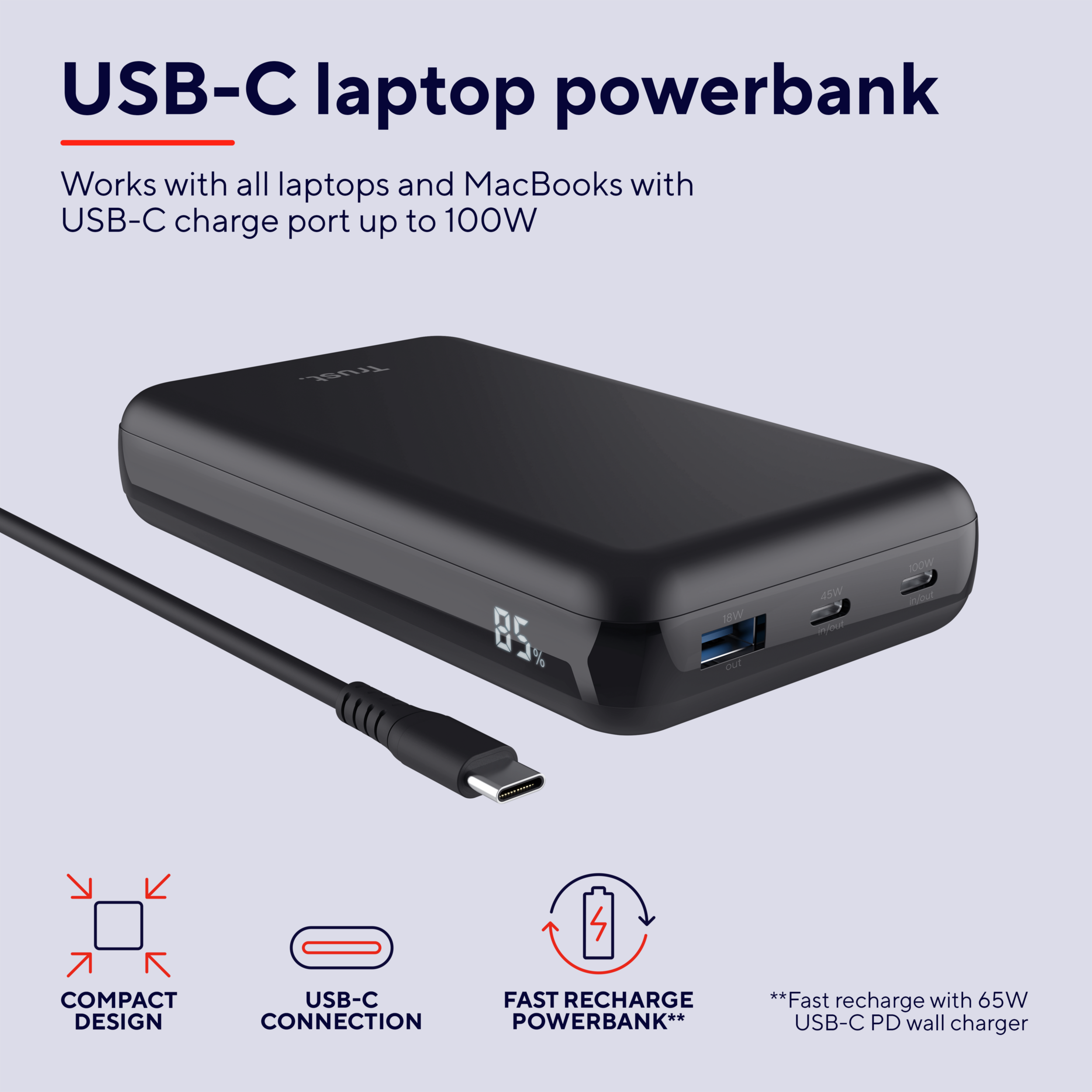 Zwarte USB-C laptop powerbank met display en pictogrammen, met een kabel.