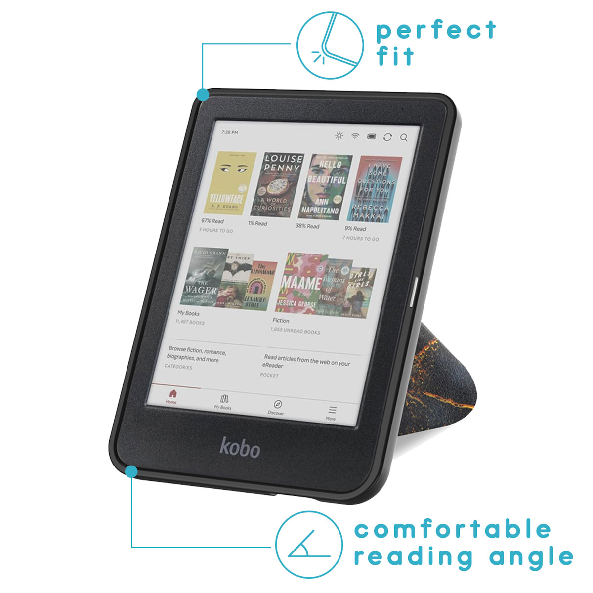 Zwarte eReader met een scherm dat boekomslagen toont. Het heeft een standaard en de tekst "perfecte pasvorm" en "comfortabele leeshoek".