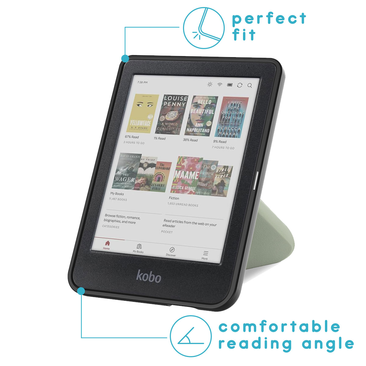 E-reader op een standaard, met tekstballonnen. Tekst: Perfecte pasvorm, comfortabele leeshoek.