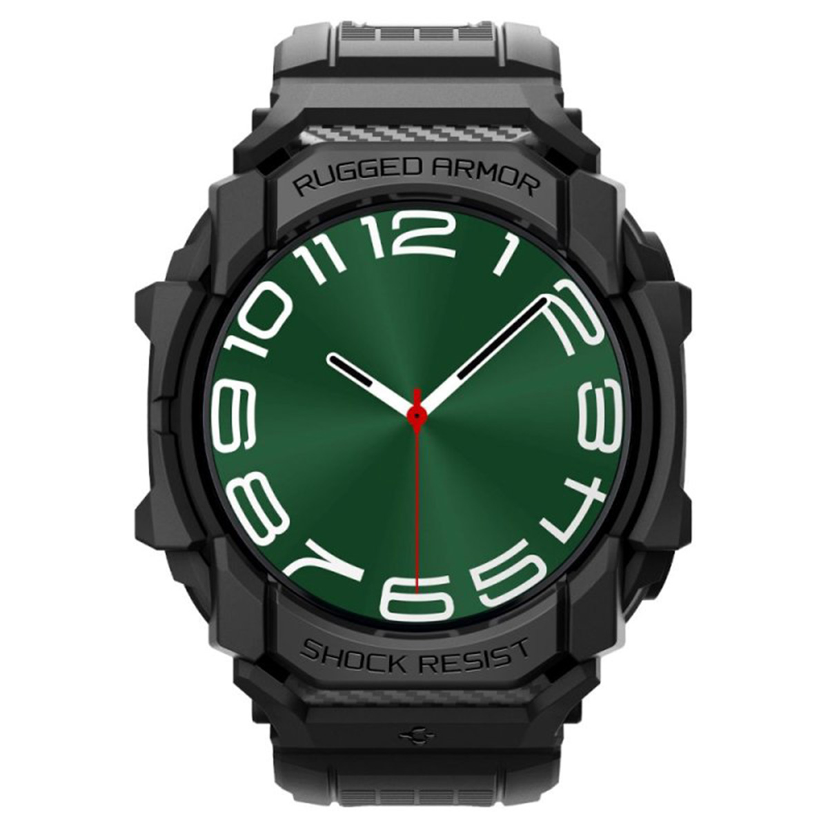 Czarny wytrzymały zegarek z zieloną tarczą, białymi cyframi i napisami 'Rugged Armor' i 'Shock Resist'.