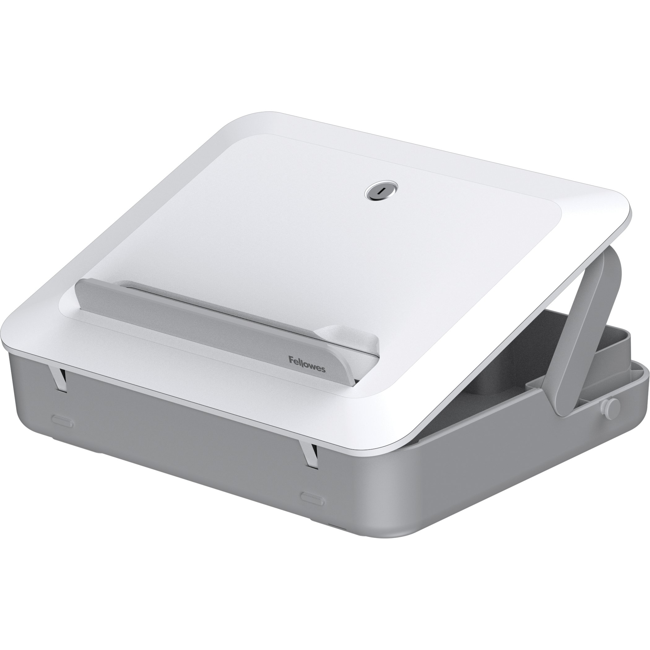 Organizzatore da scrivania bianco e grigio con piano inclinato e vano portaoggetti aperto. Sfondo bianco.