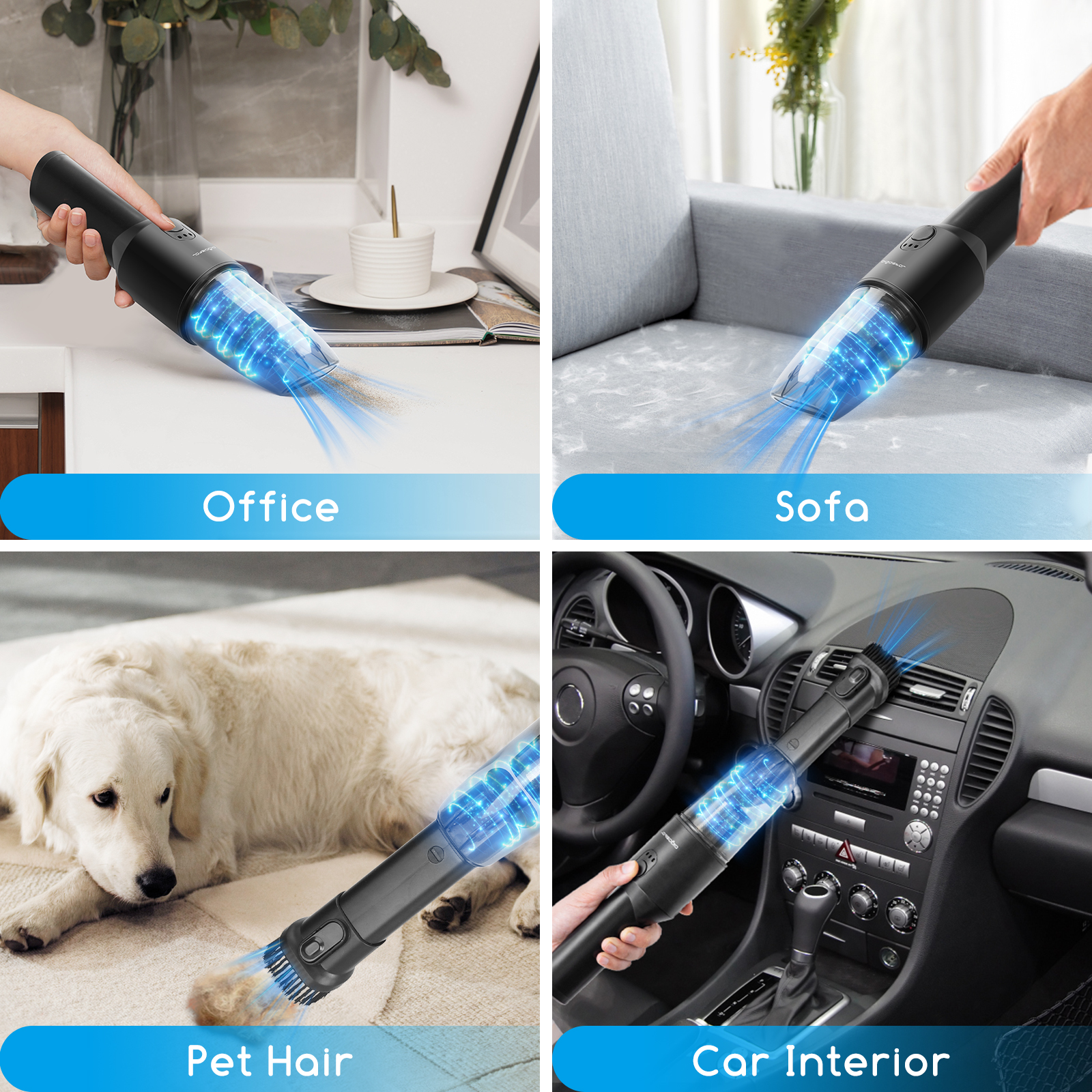 Aspiradora de mano limpiando diferentes áreas: oficina, sofá, pelo de mascota, interior coche.