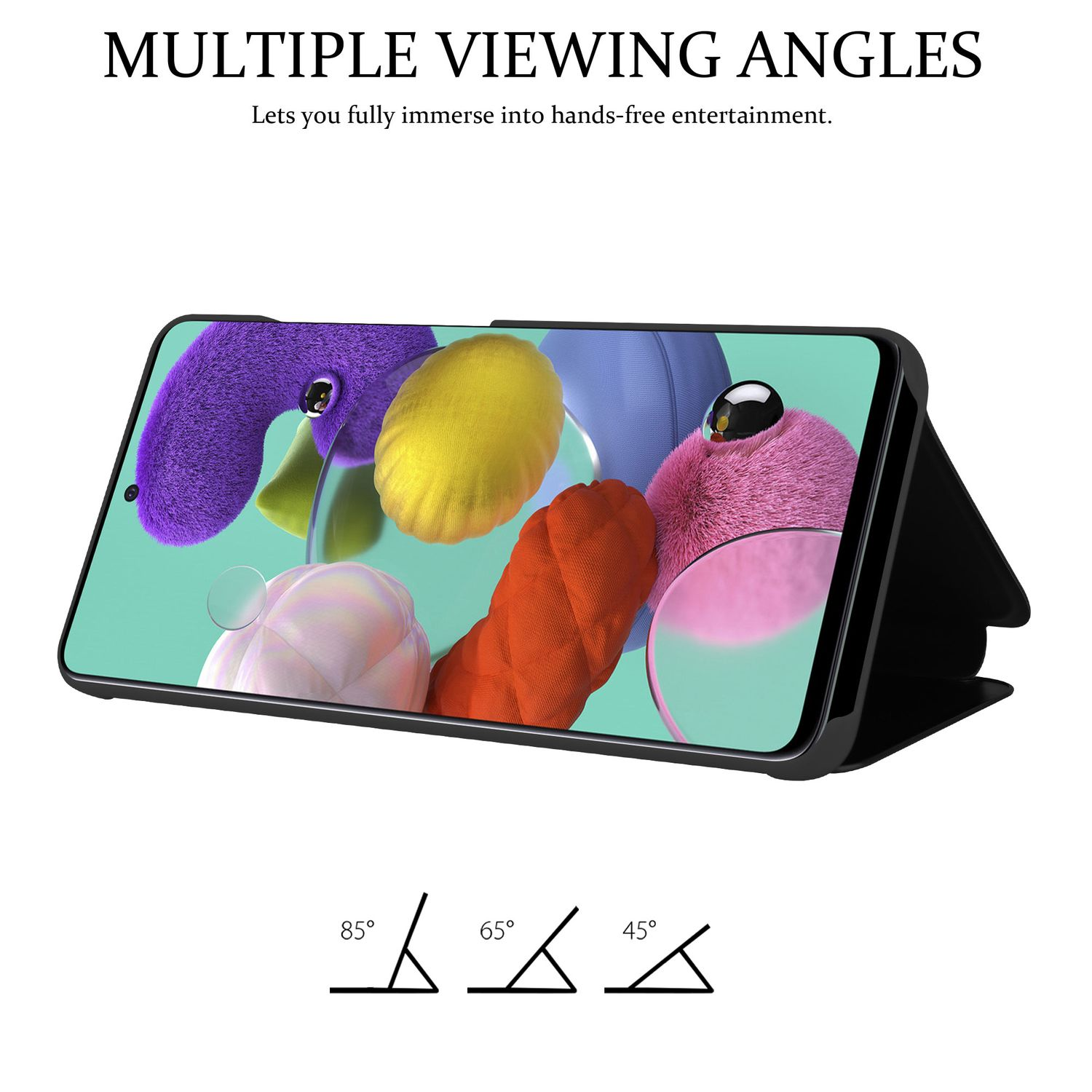 Un telefono in una custodia nera con vari angoli di visualizzazione. Testo: Angoli di visione multipli.