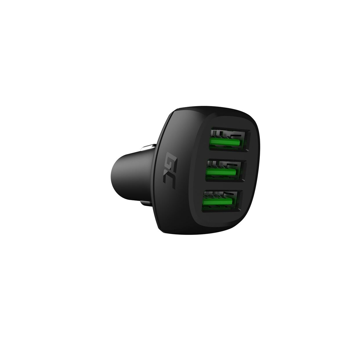 Ein schwarzes Autoladegerät mit drei grünen USB-Anschlüssen.