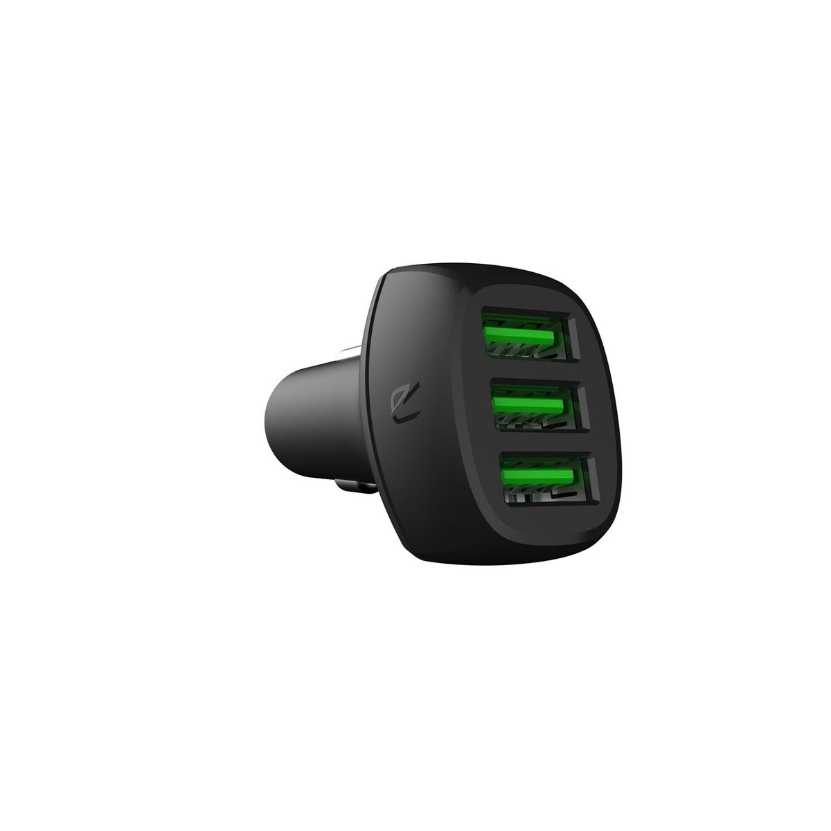 Schwarzes Autoladegerät mit drei grünen USB-Anschlüssen. Weißer Hintergrund.