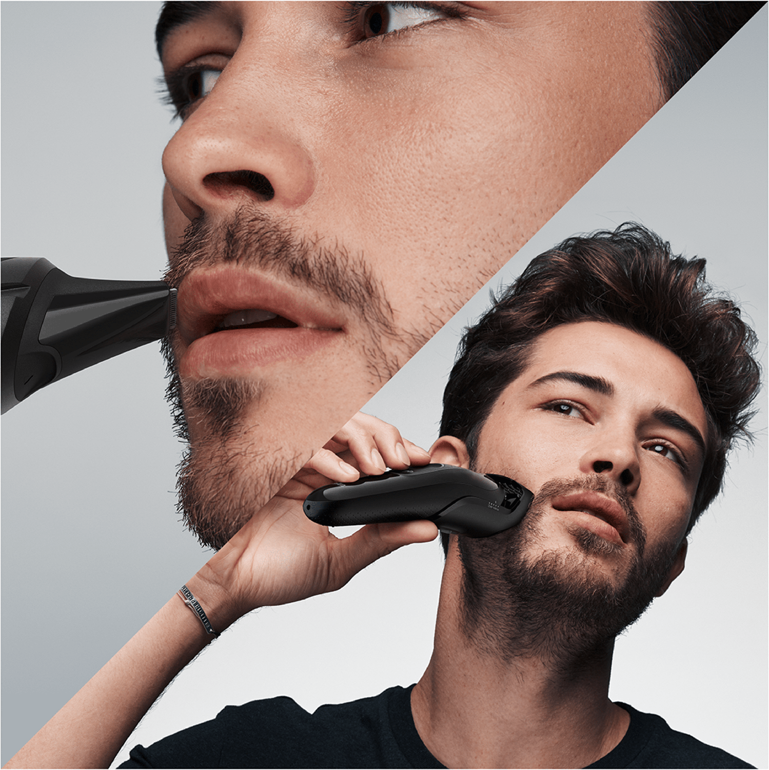 Two men trimming beards with a black trimmer. Close-up of the face and trimmer.
