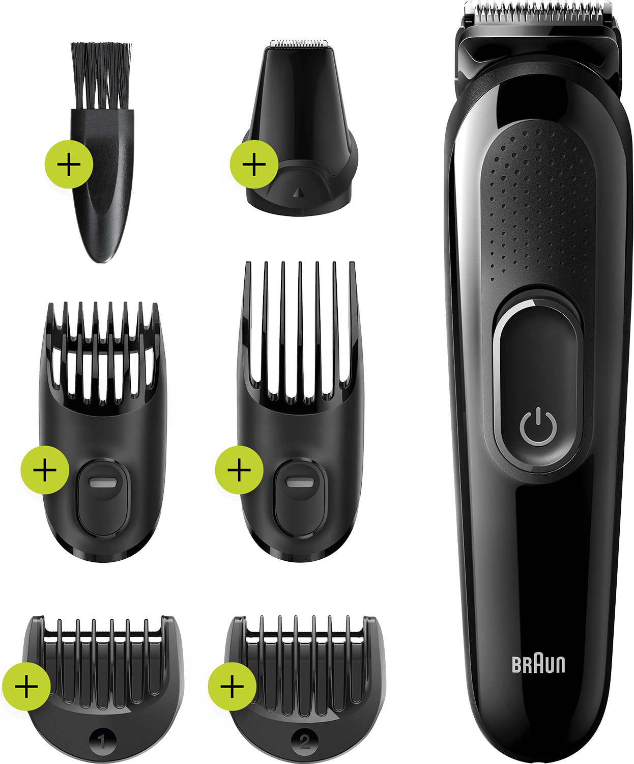 Black beard trimmer with attachments: brush, trimmer heads, and combs for different lengths.