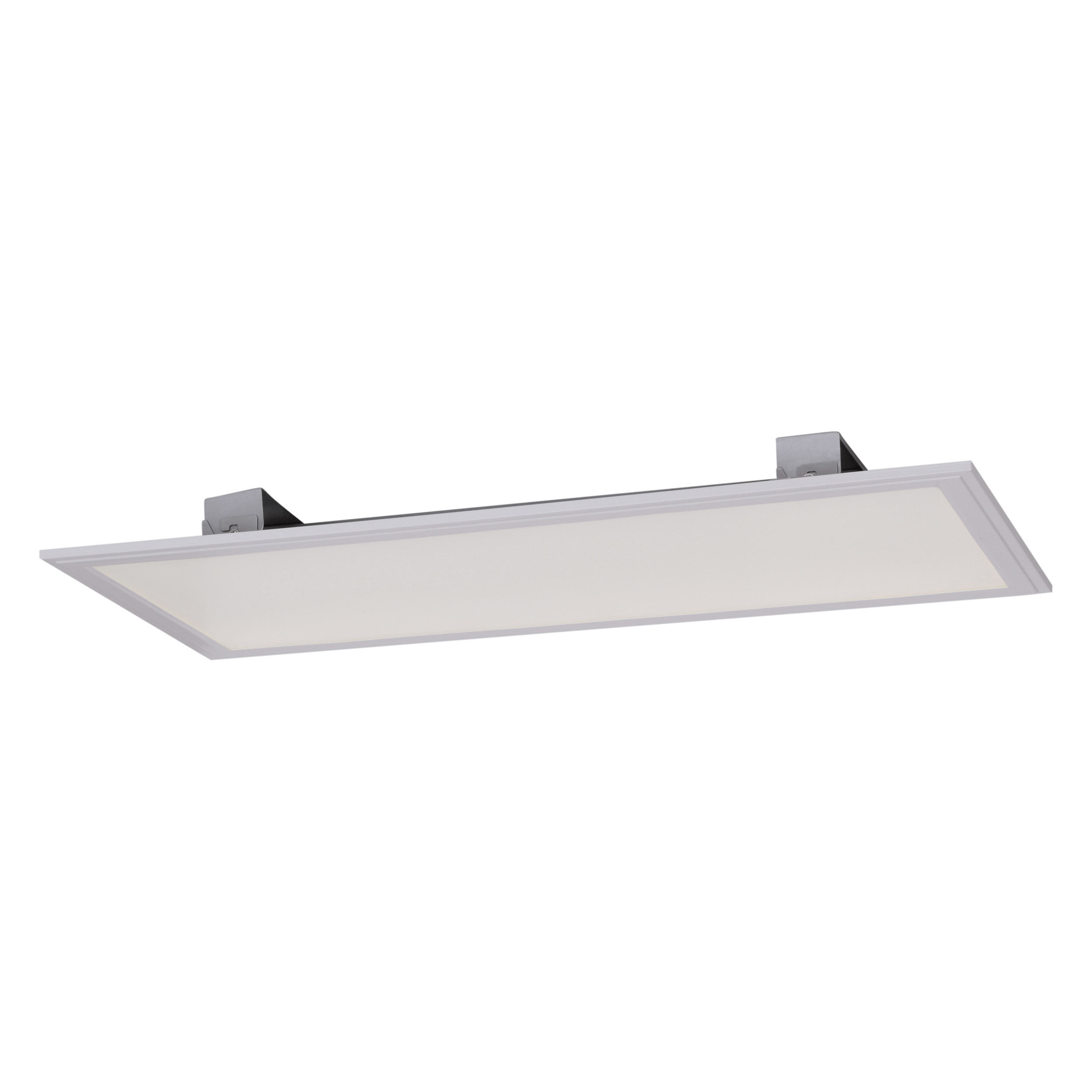 Rechteckige LED-Deckenleuchte. Weißes Licht, getragen von Metallhalterungen. Sauberer weißer Hintergrund.