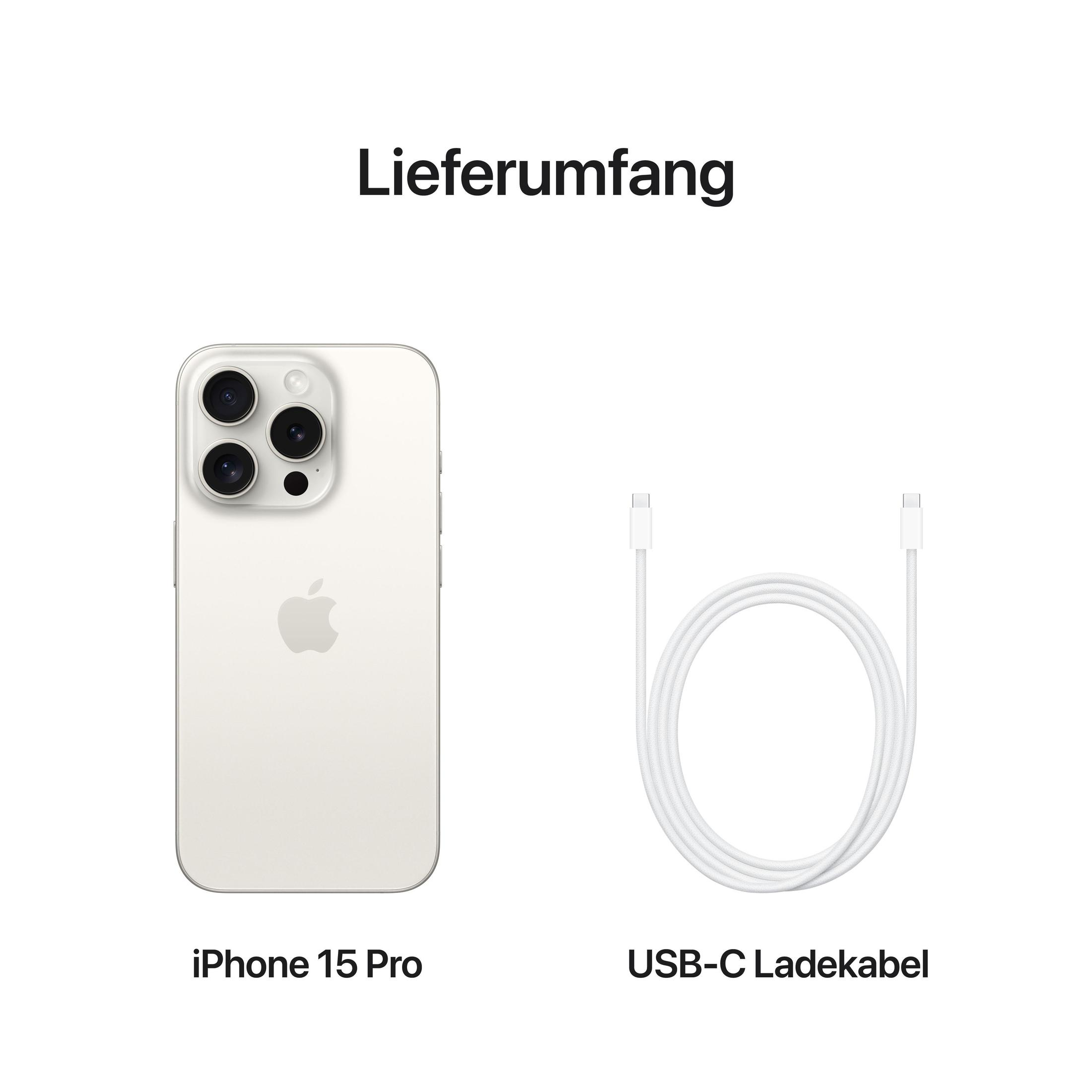 iPhone 15 Pro z kablem do ładowania USB-C, z niemieckim tekstem 'Lieferumfang'.