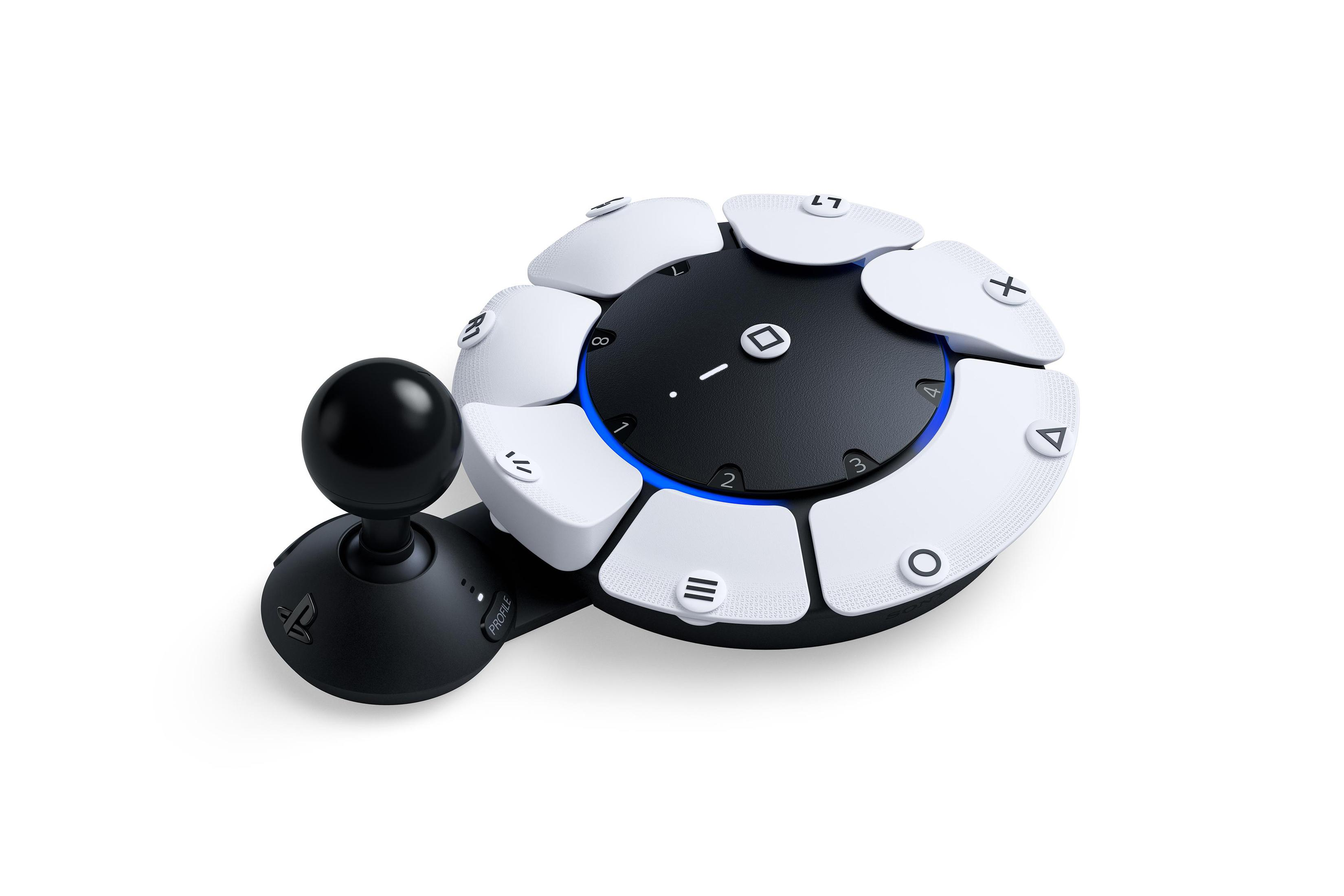 Schwarz-weißer PlayStation-Controller mit kreisförmigen Knöpfen und Joystick.