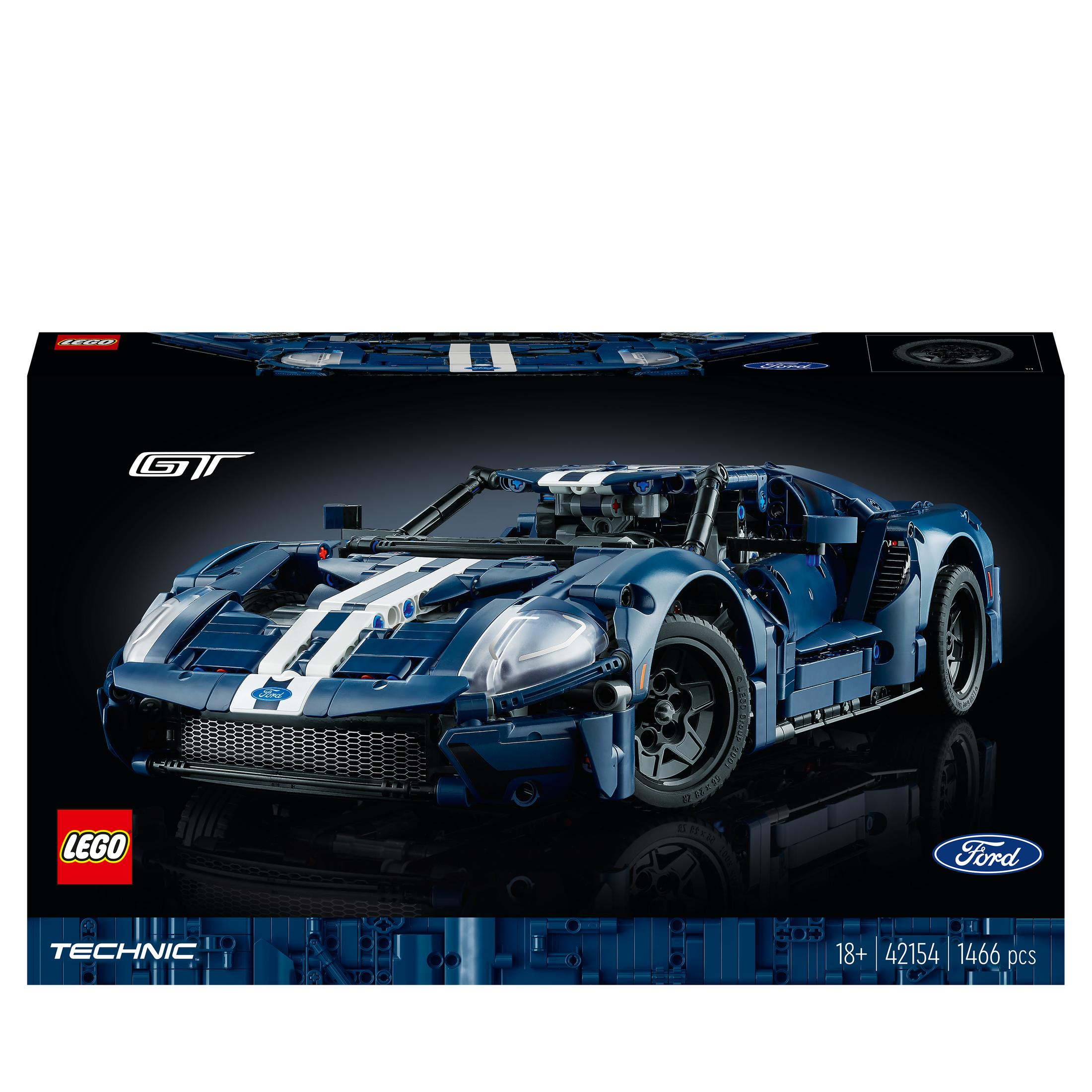 Zestaw modelu Lego Technic Ford GT w pudełku, samochód jest niebieski z białymi paskami.