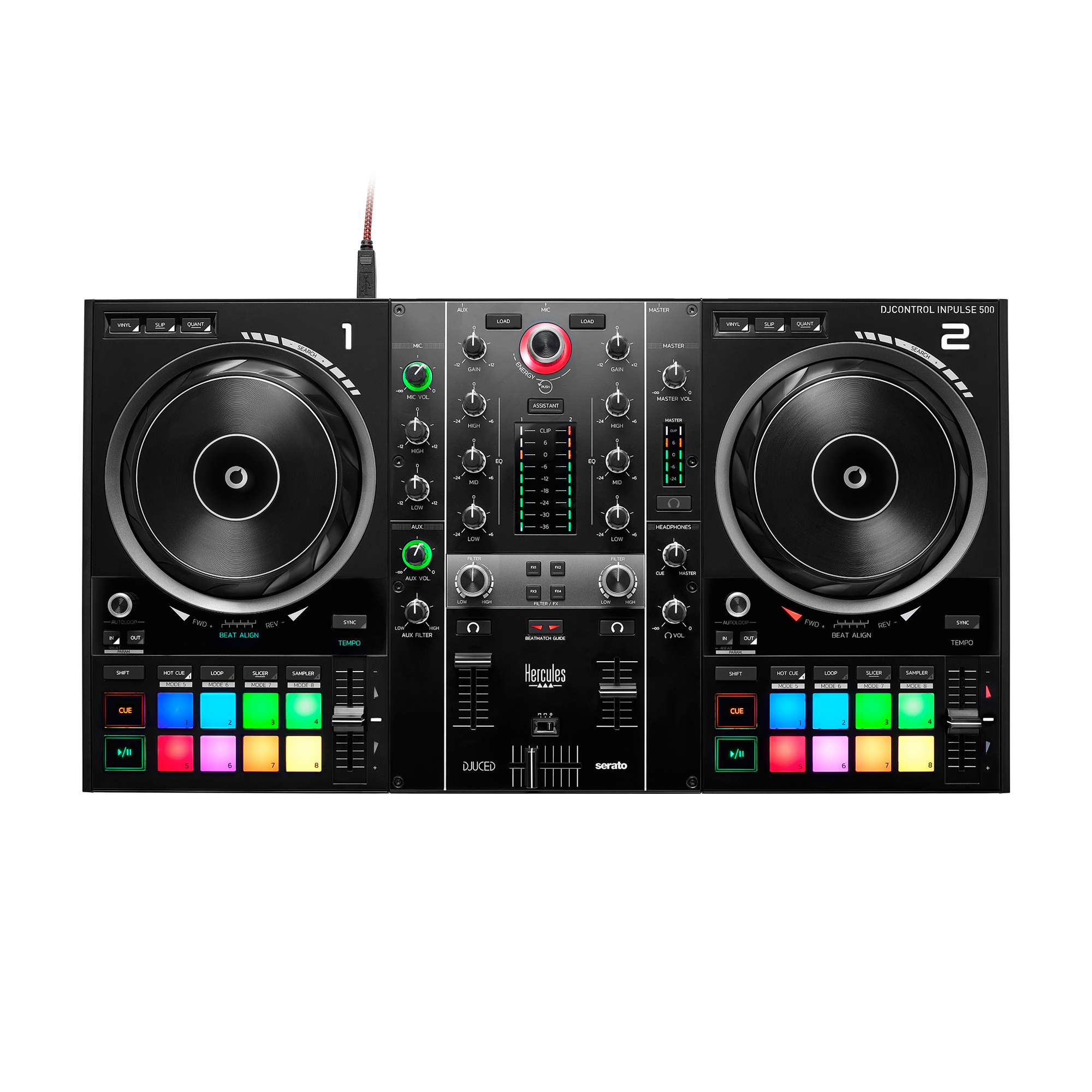 DJ-controller met twee draaitafels, knoppen en knoppen. Boven staat 'DJControl Impulse 500'.