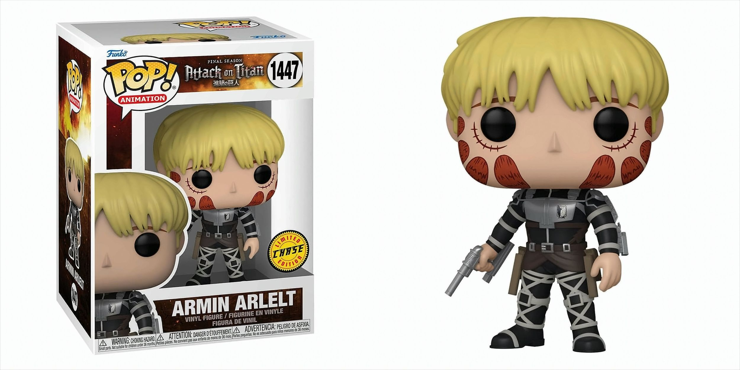 Armin Arlert Funko Pop Figur mit Box. Die Figur trägt Uniform, hält Waffen, mit roten Gesichtsmarkierungen.