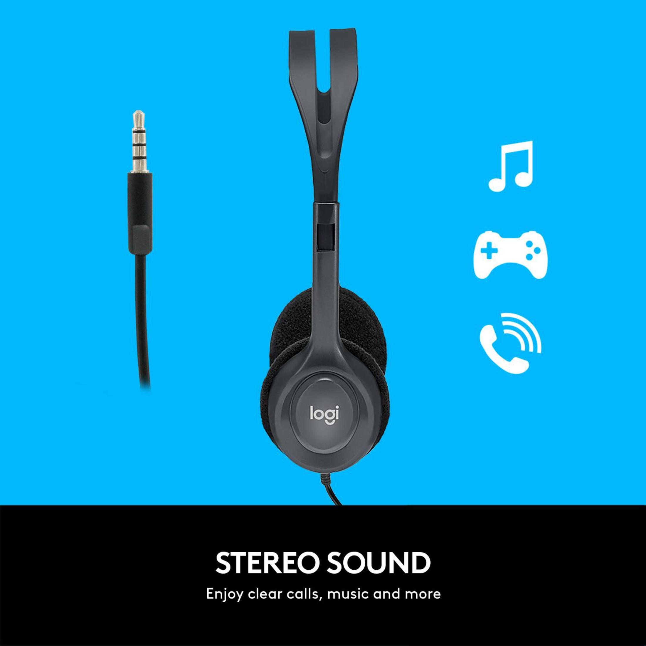 Schwarze Kopfhörer mit Kabel und 3,5-mm-Klinke. Musik-, Spiel- und Anrufsymbole.