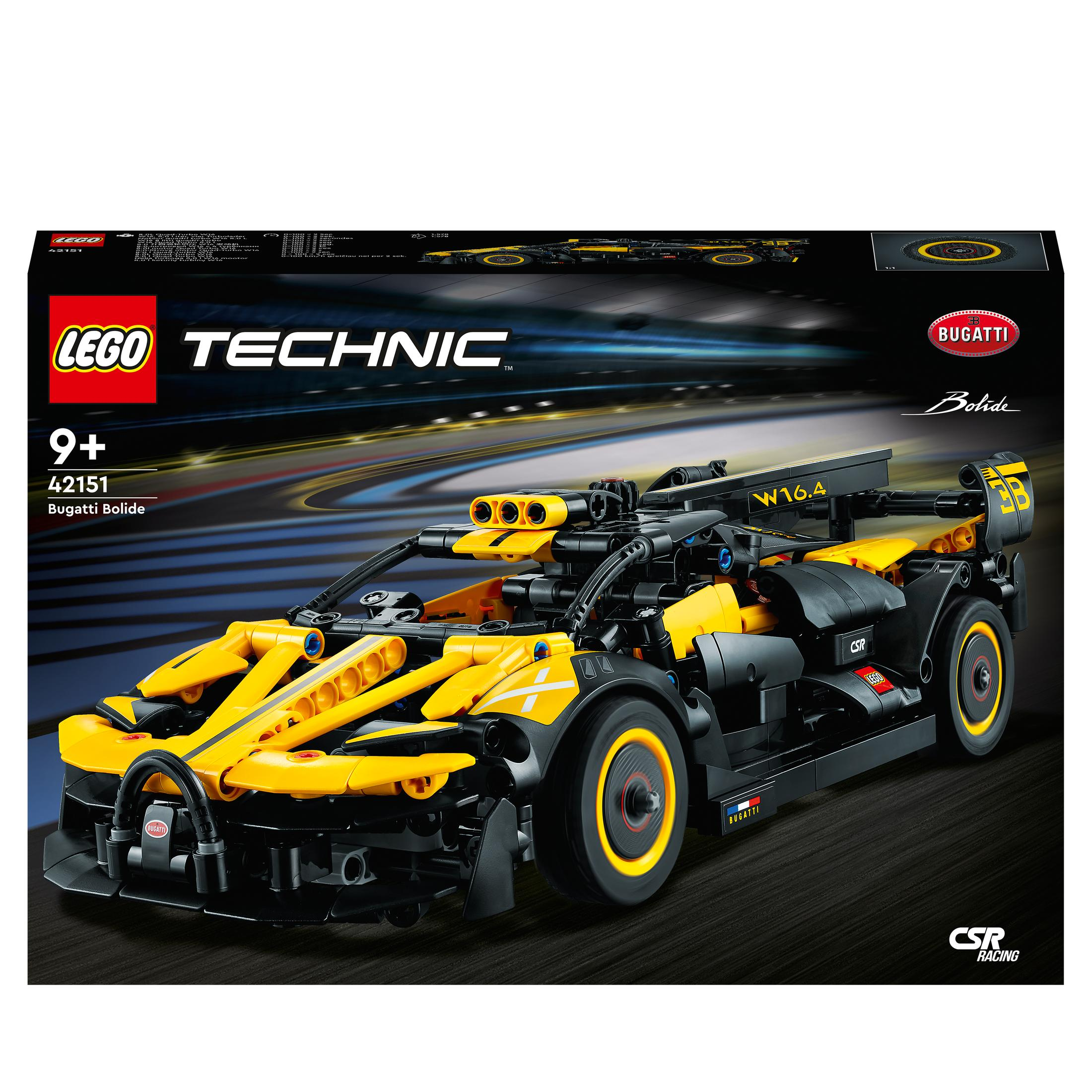 Zestaw LEGO Technic Bugatti Bolide z czarnym pudełkiem. Żółto-czarny samochód wyścigowy znajduje się przed pudełkiem.