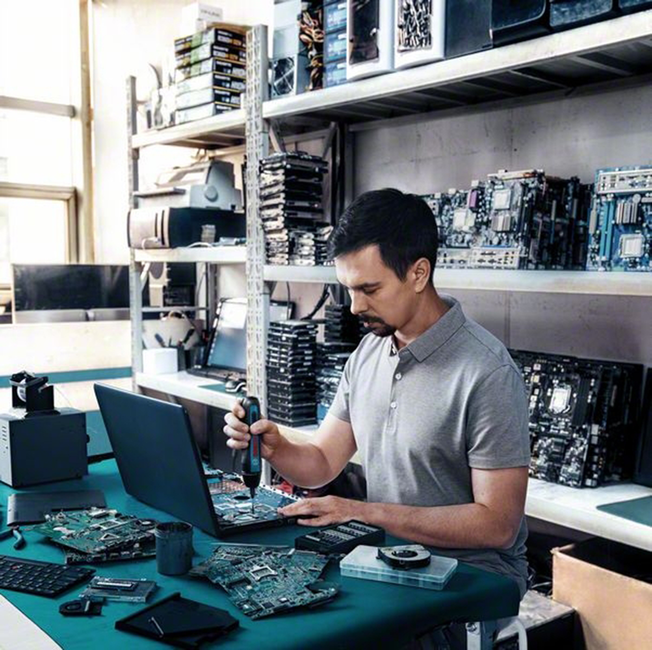 Mann arbeitet an einem Laptop, umgeben von Computerteilen und Werkzeugen.  In einer Tech-Werkstatt.