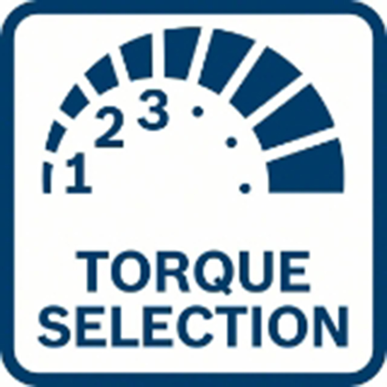 Ein blaues Quadrat mit einem weißen Zifferblatt und dem Text 'TORQUE SELECTION'.
