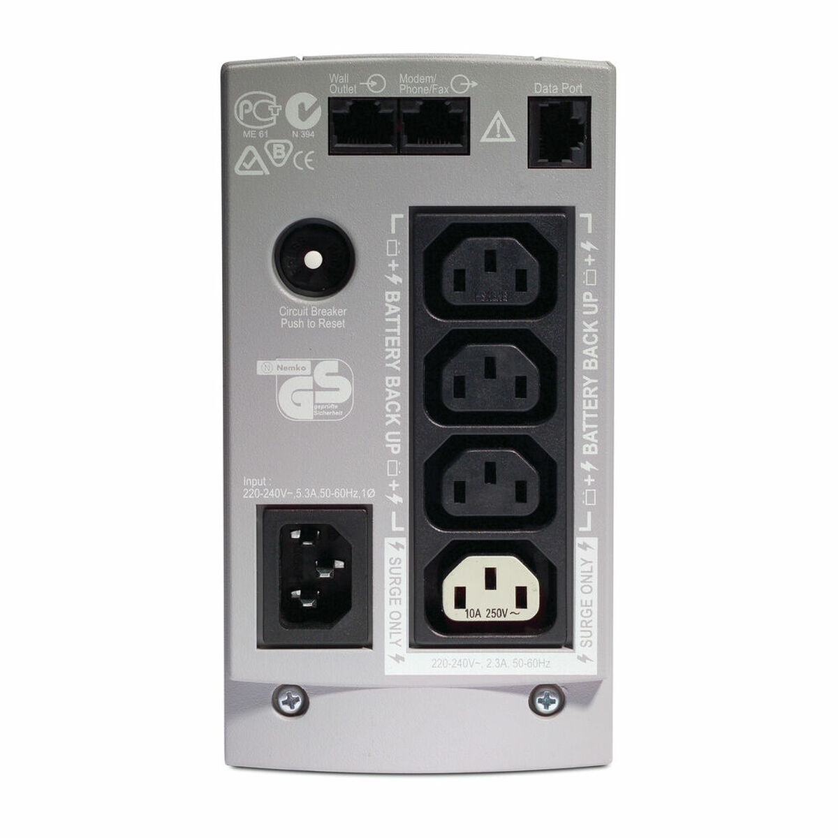 Retro di un alimentatore con varie porte e prese.