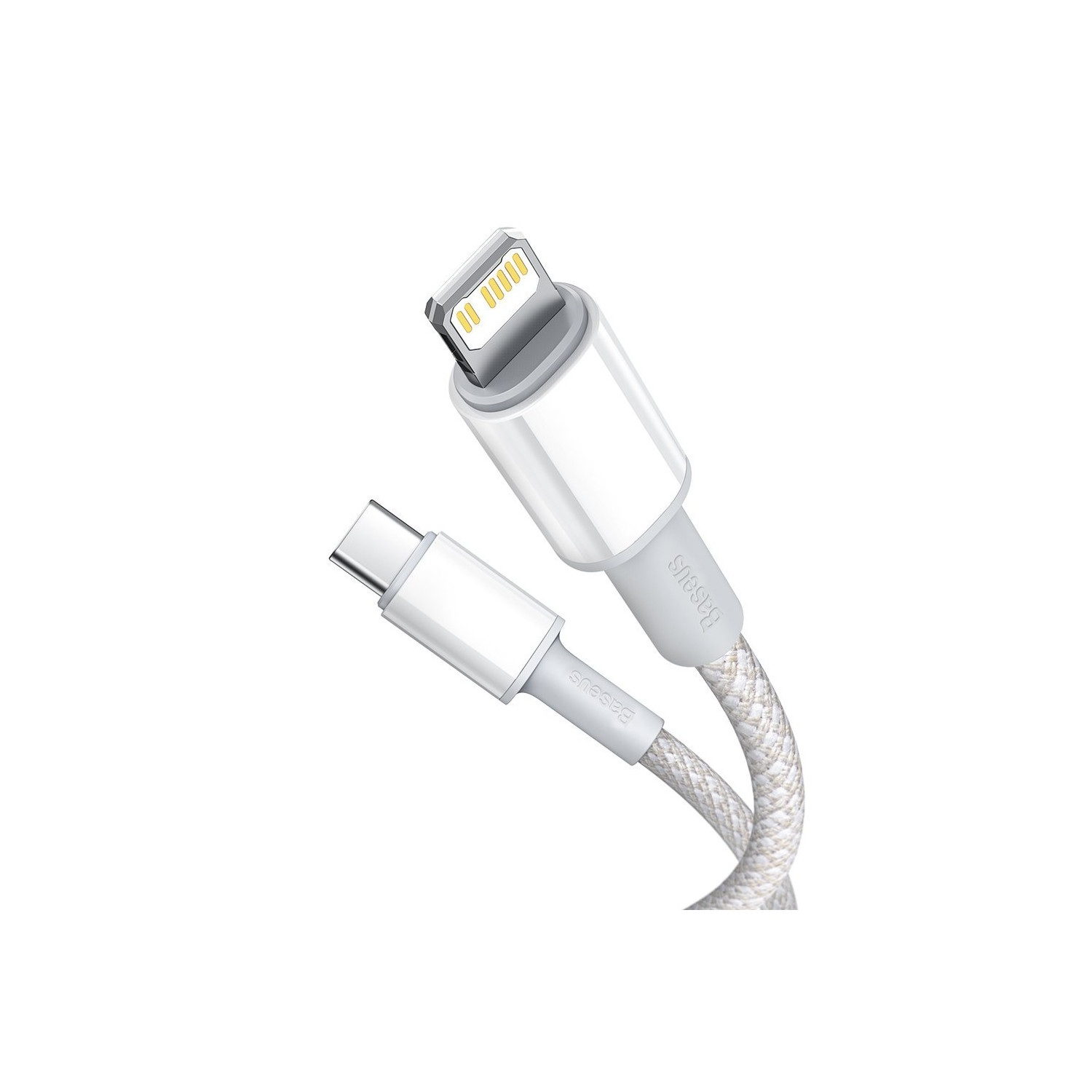 Biały i szary kabel ładujący ze złączami Lightning i USB-C na białym tle.