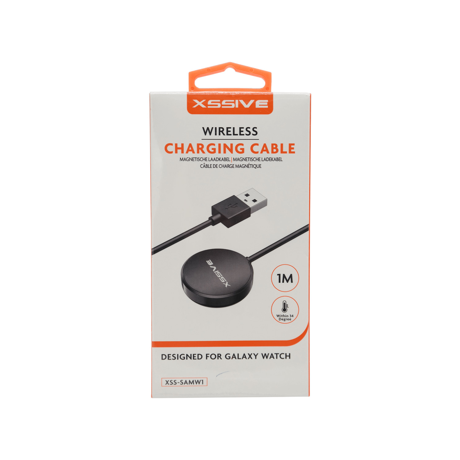 Verpackung für ein kabelloses Ladekabel für eine Galaxy Watch. Kabel und Ladegerät gezeigt.